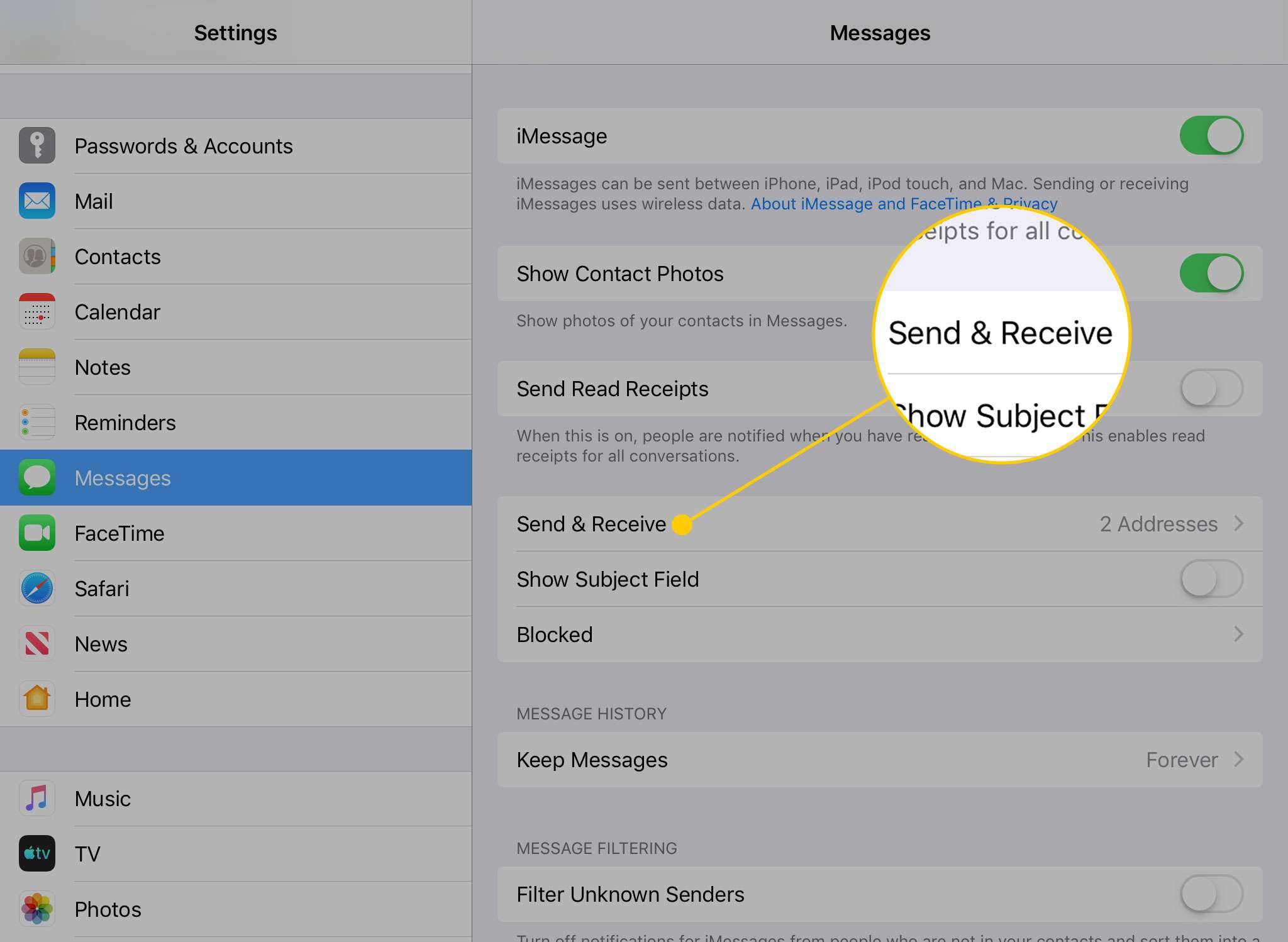 Koptekst Verzenden en ontvangen op het scherm Berichten op een iPad