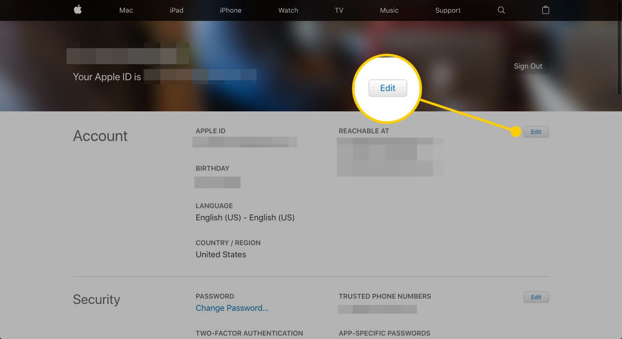 Hoofdpagina van Apple ID-account met knop Bewerken