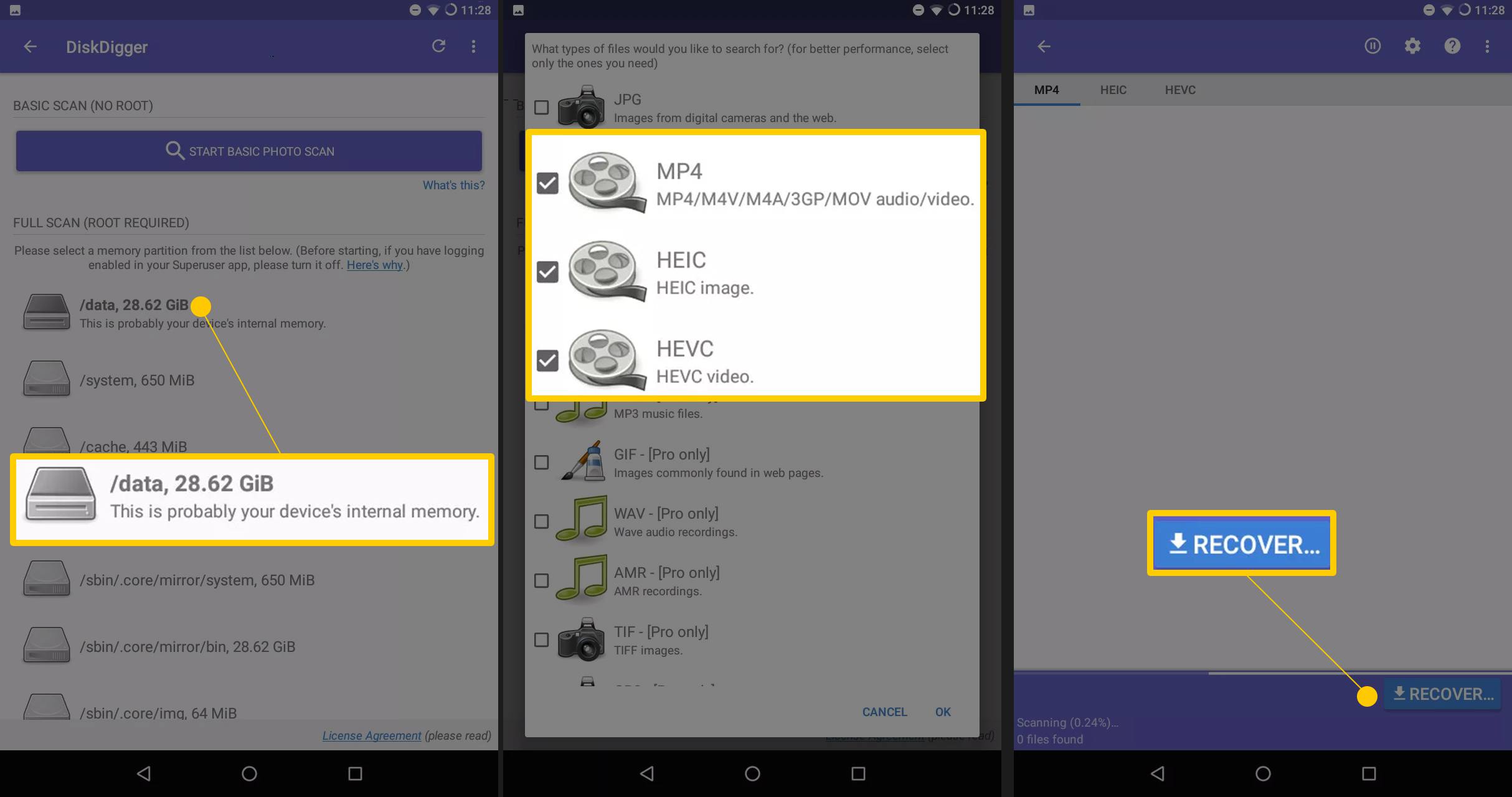 Drie Android-schermen met DiskDigger / data, selecties van video-indelingen en de knop Herstellen