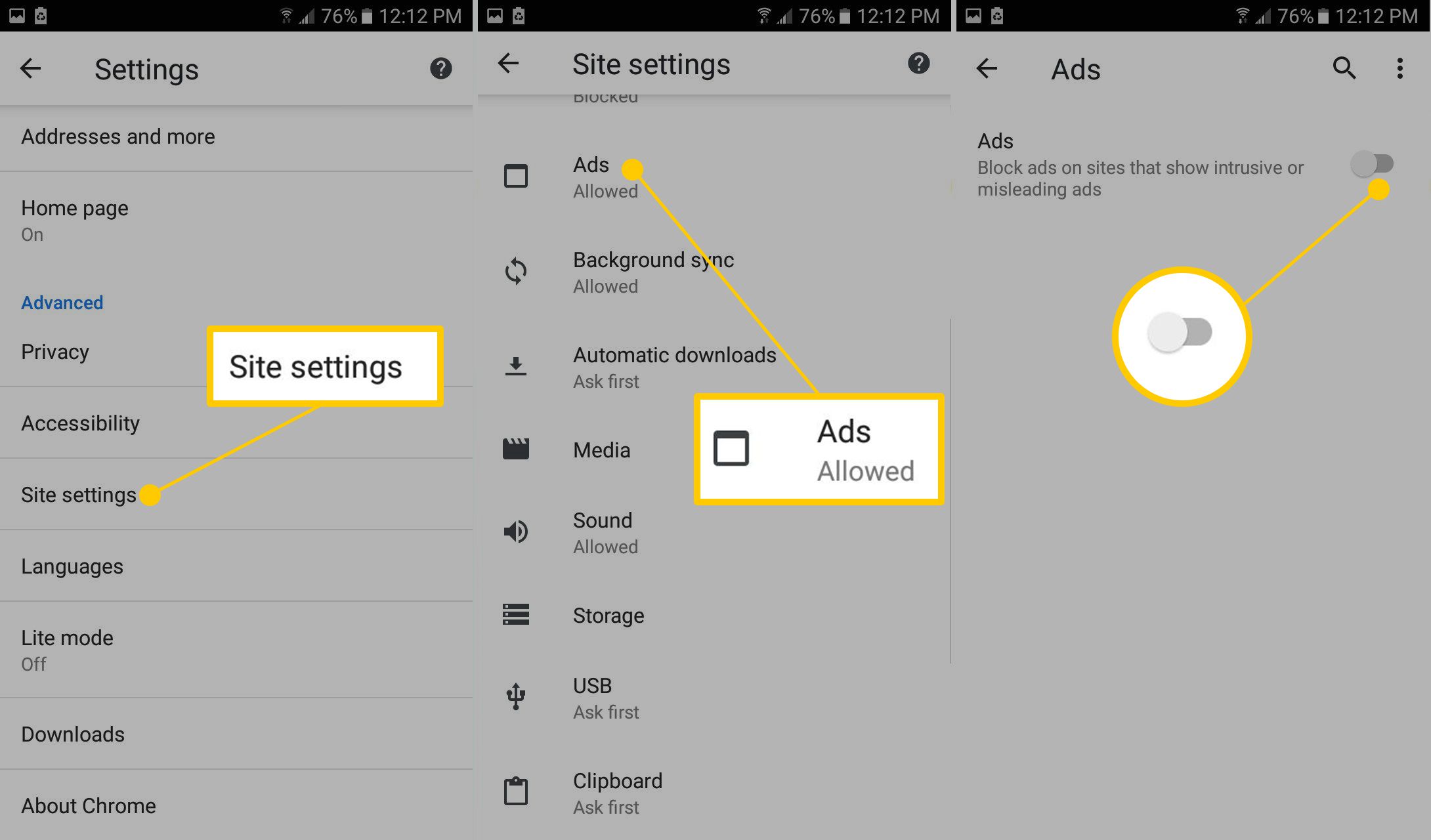 Site-instellingen, advertenties, advertenties wisselen in Chrome-instellingen op Android