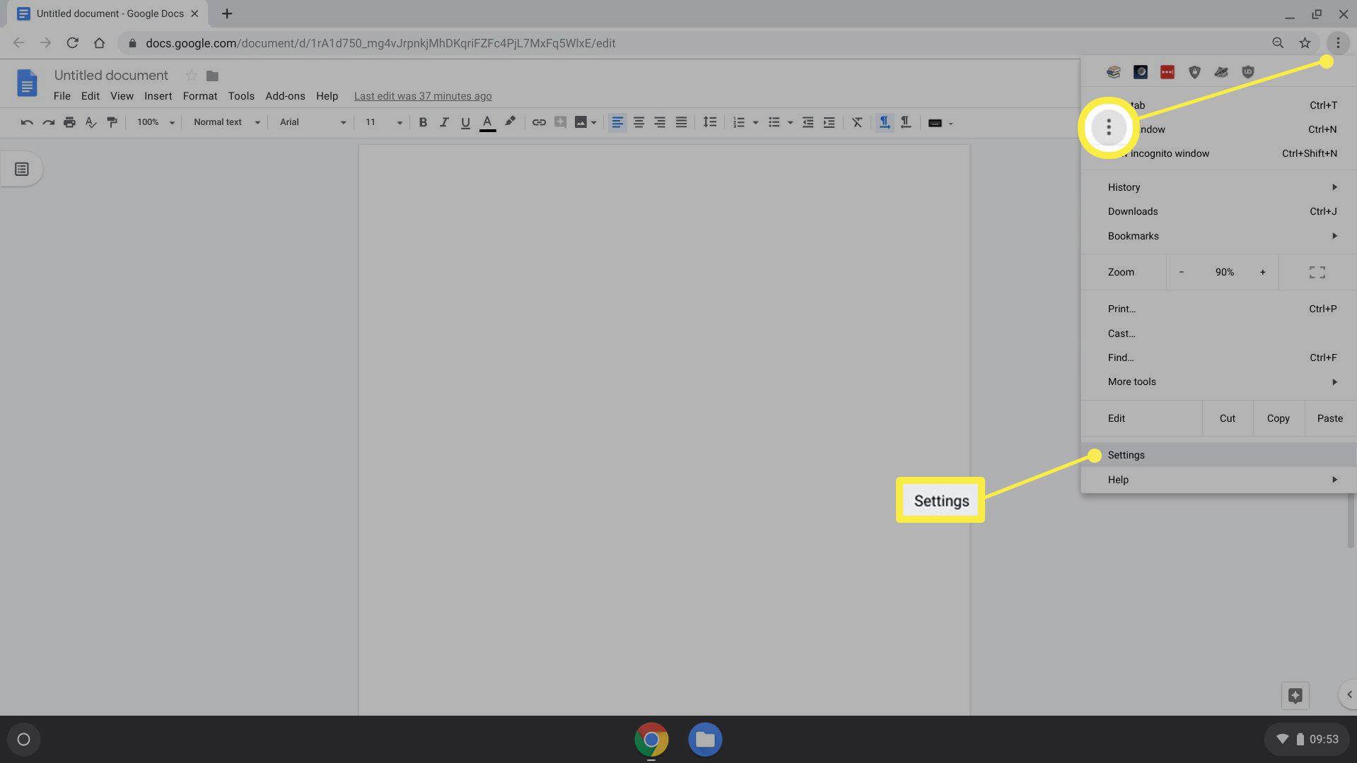 Chrome OS-menu met Instellingen geselecteerd