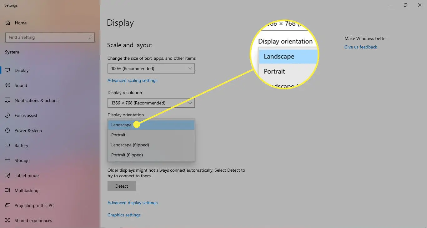 De weergave-opties in Windows 10 met de optie Liggend gemarkeerd