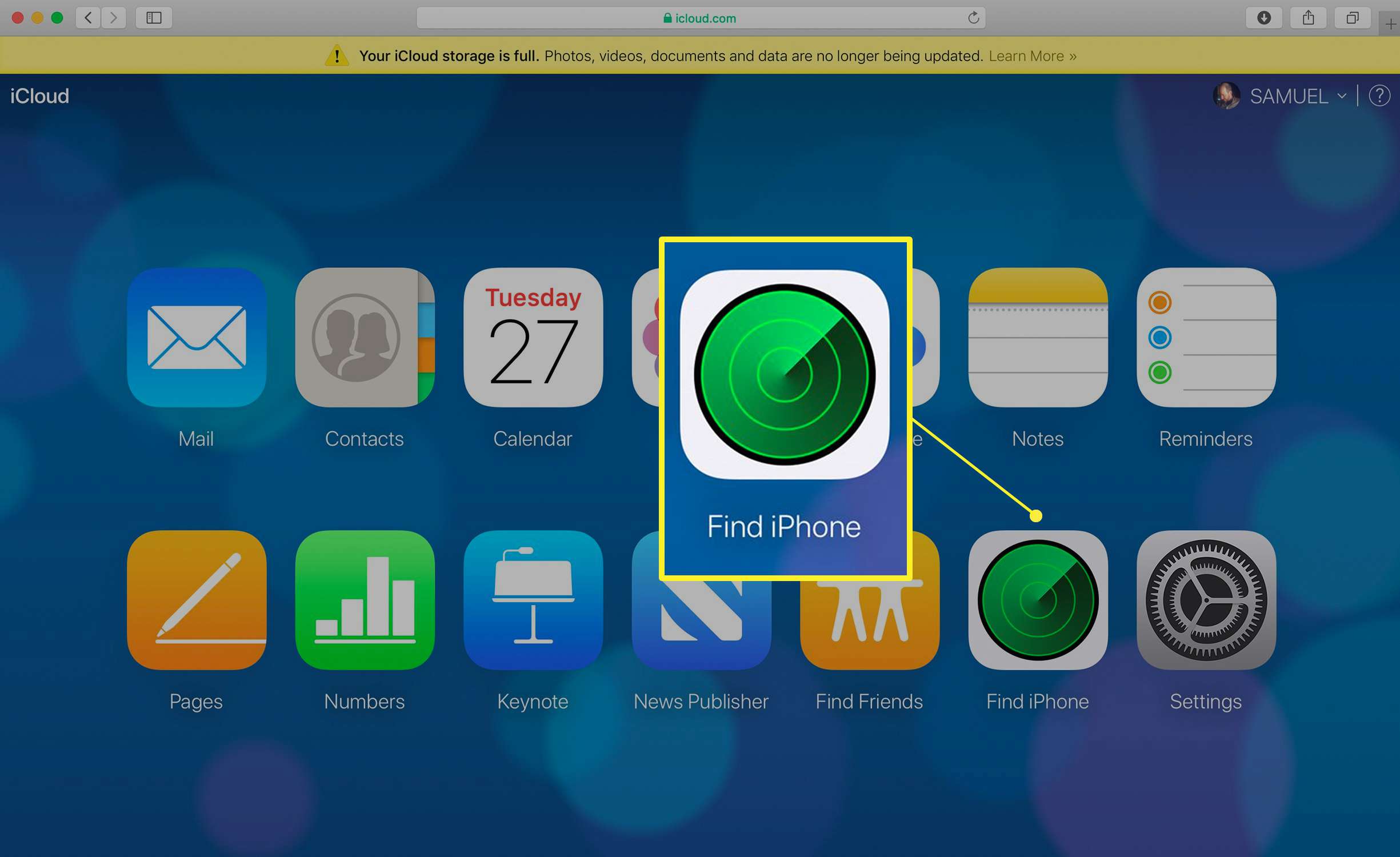 iCloud-websitedashboard met pictogram Zoek iPhone
