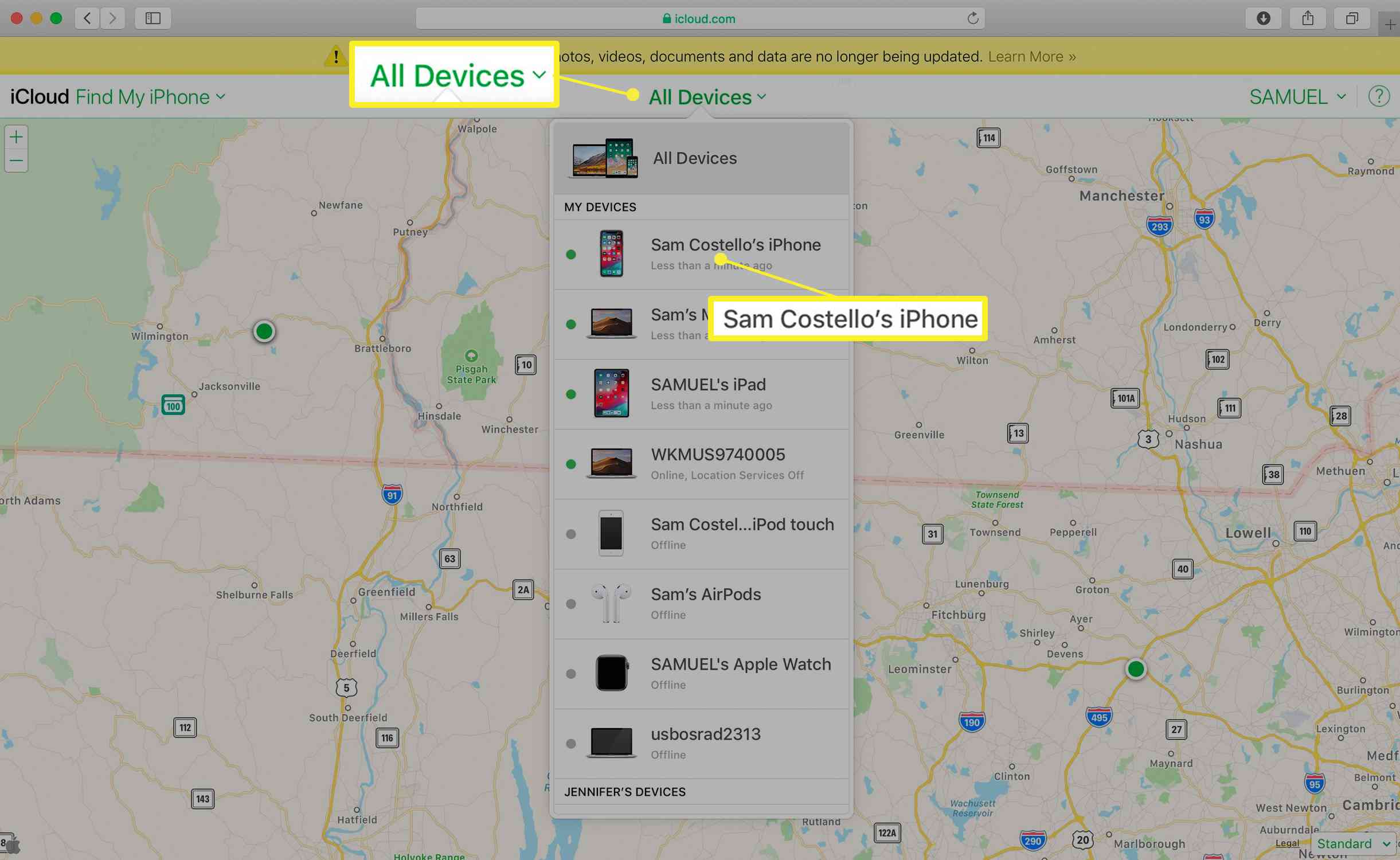Selectie van een apparaat in Zoek mijn iPhone bij iCloud