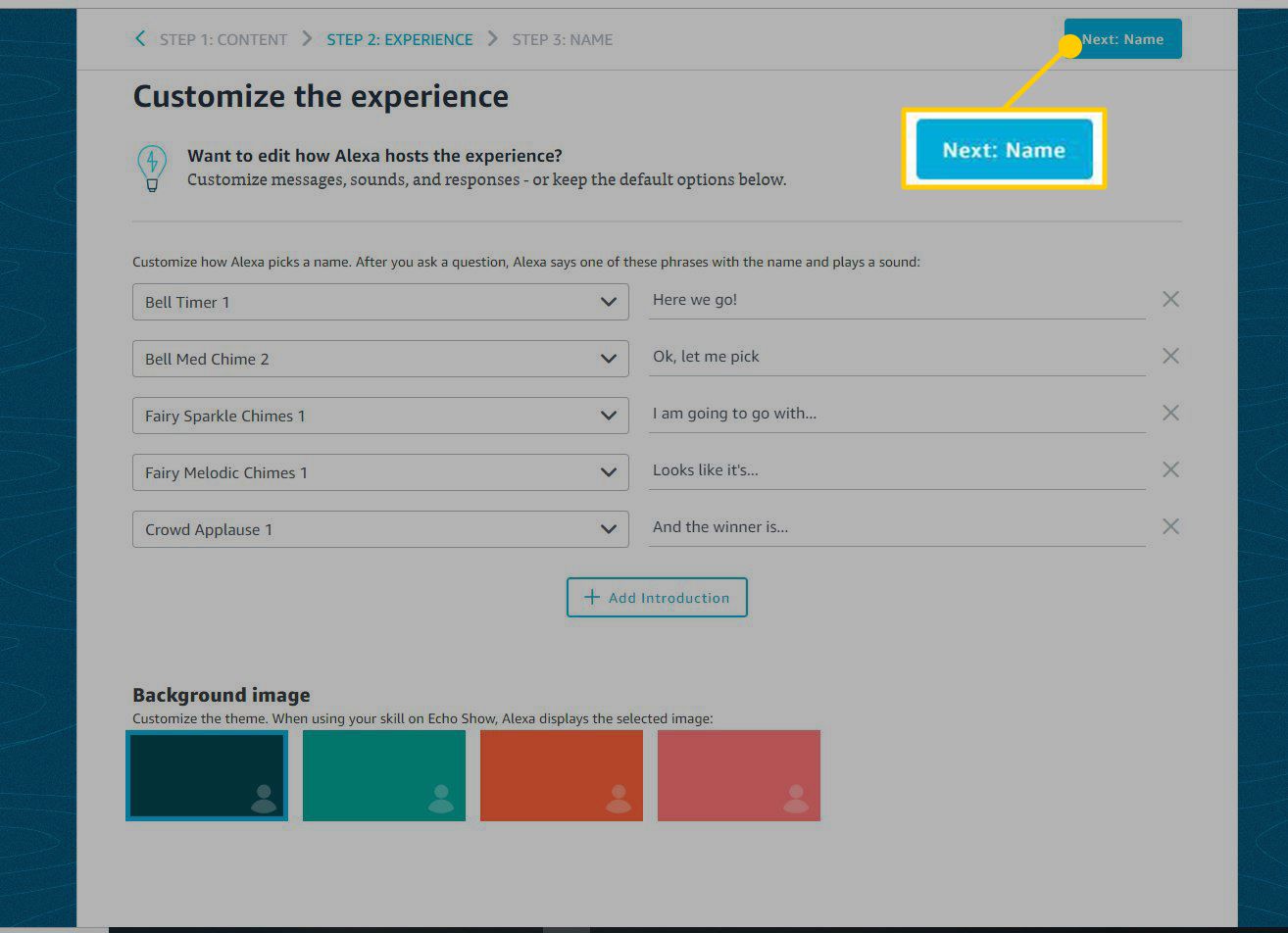 Screenshot van de pagina Ervaring aanpassen van de Alexa-blauwdruk