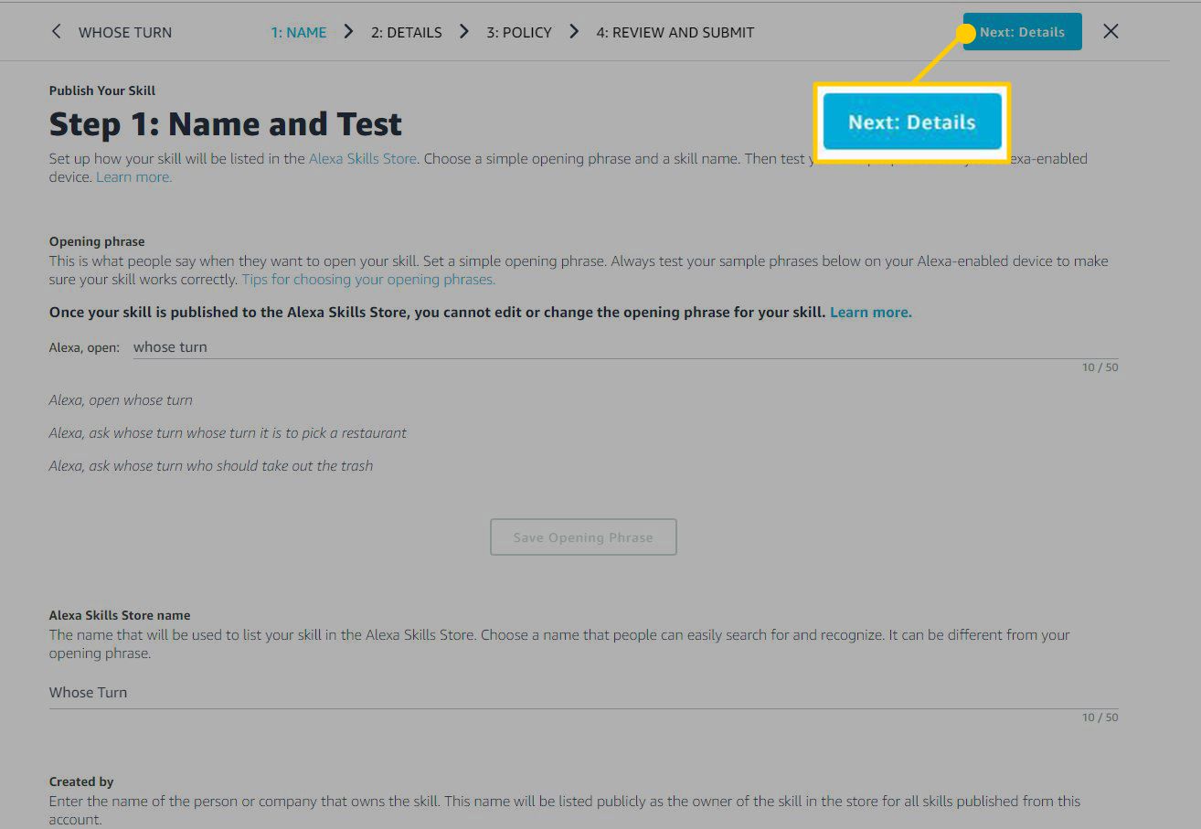 Screenshot van naam en testpagina