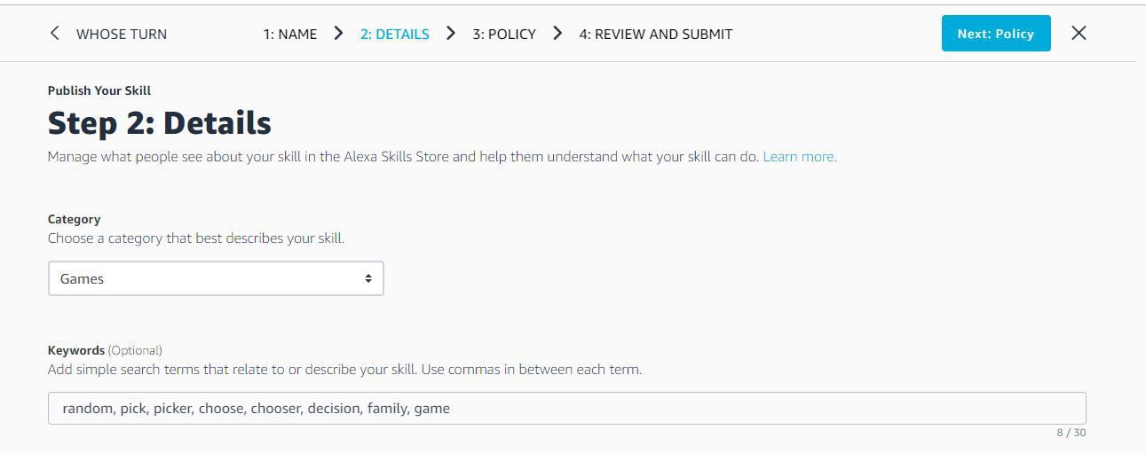 Screenshot van de velden Categorie en Trefwoorden voor het toevoegen van een vaardigheid aan de Alexa Skills Store.