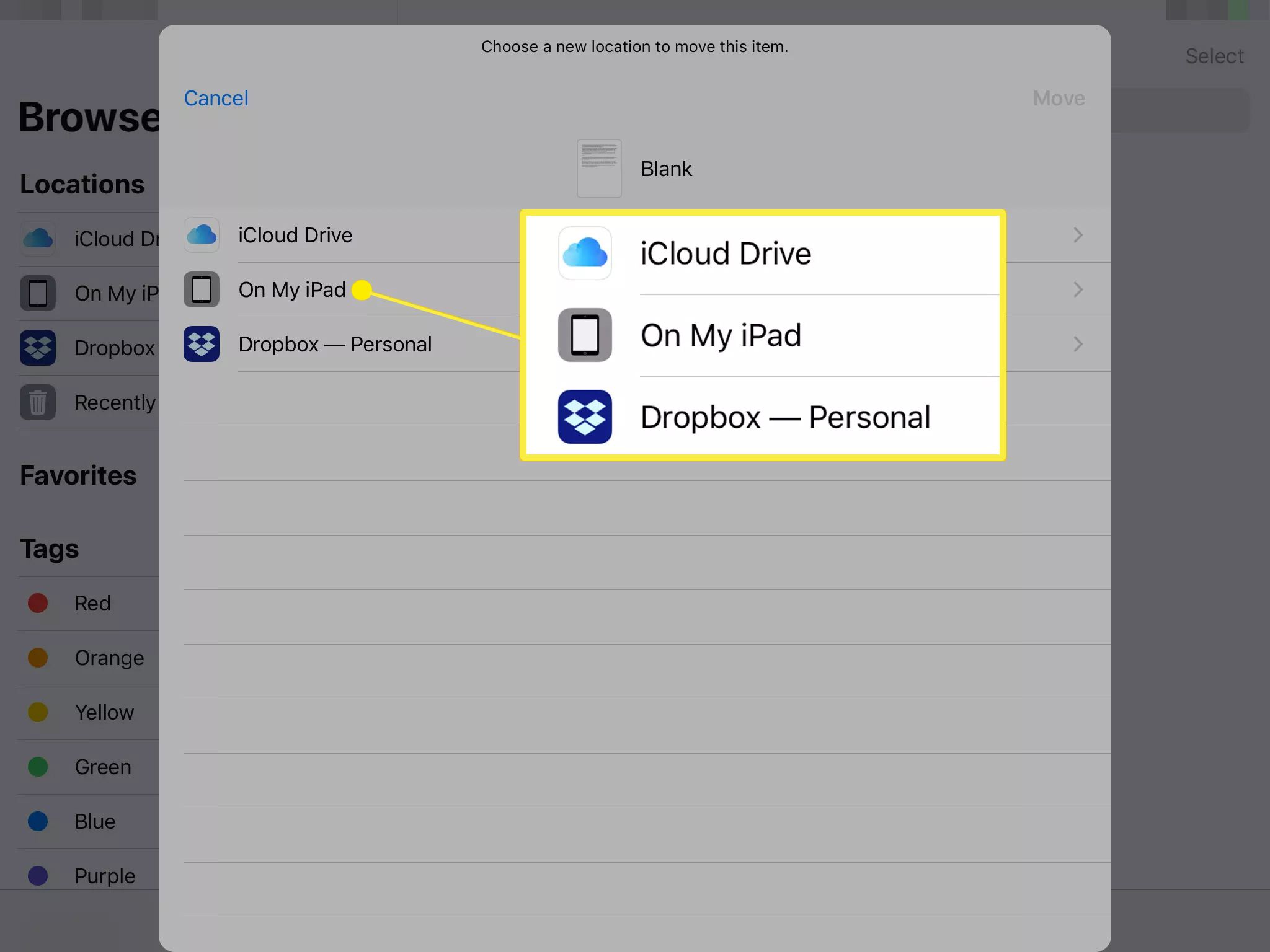 Bestemmingsopties in de app Bestanden voor iOS en iPadOS