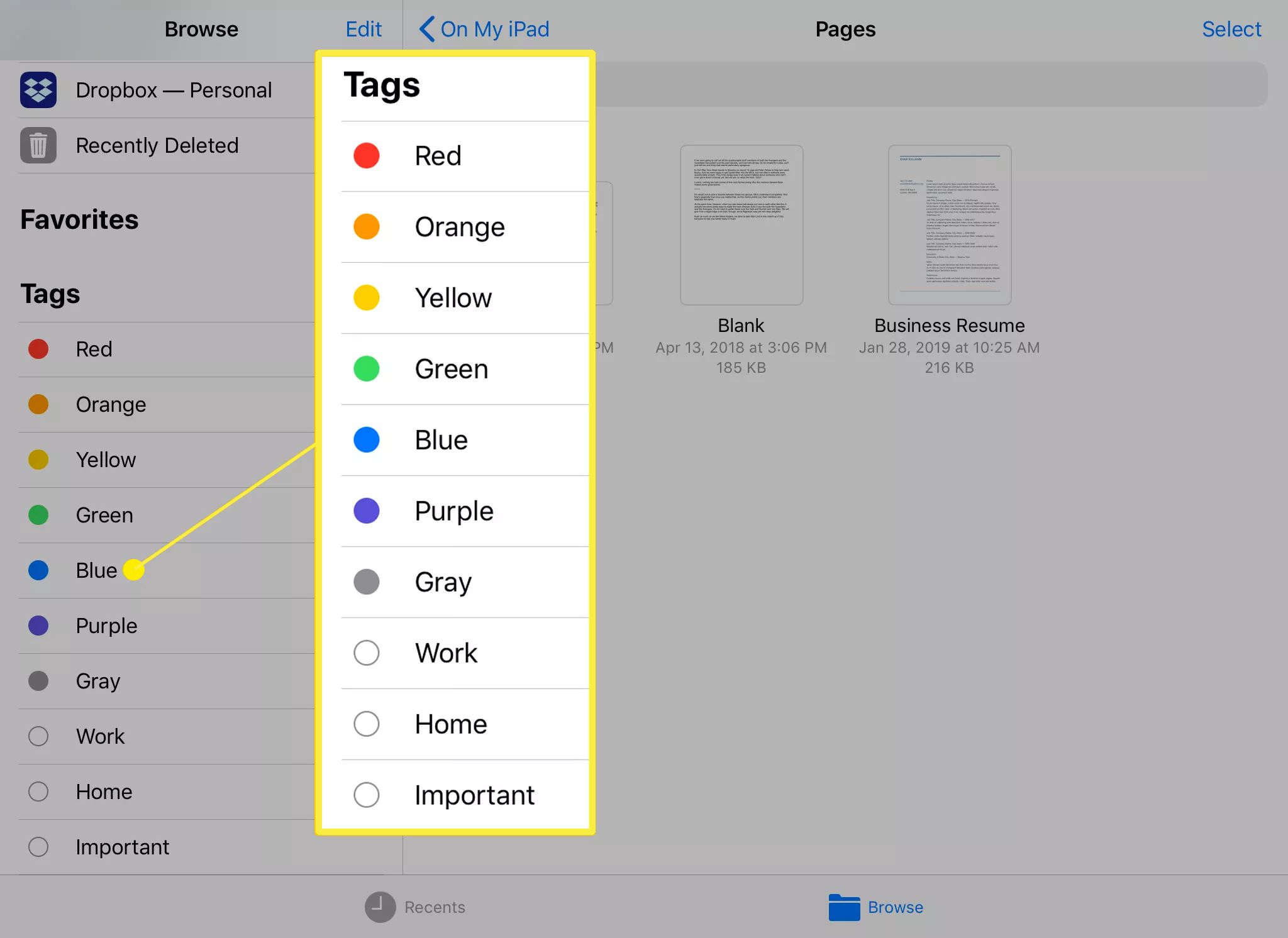 Tagopties in de Bestanden-app voor iOS en iPadOS