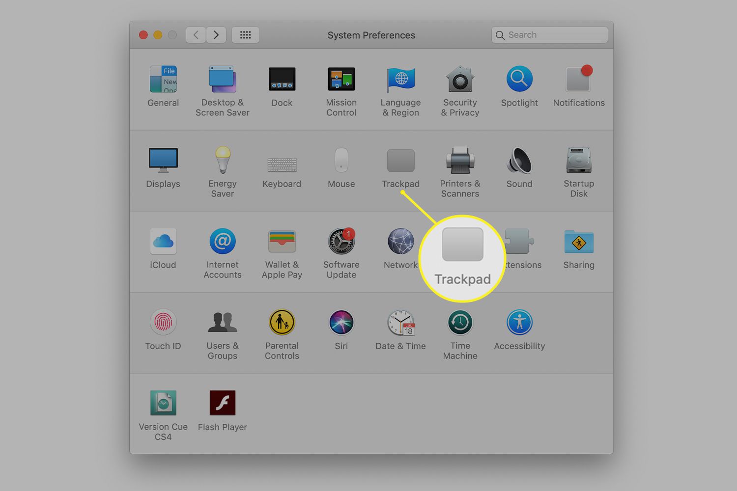 Mac-systeemvoorkeuren met trackpad-pictogram gemarkeerd