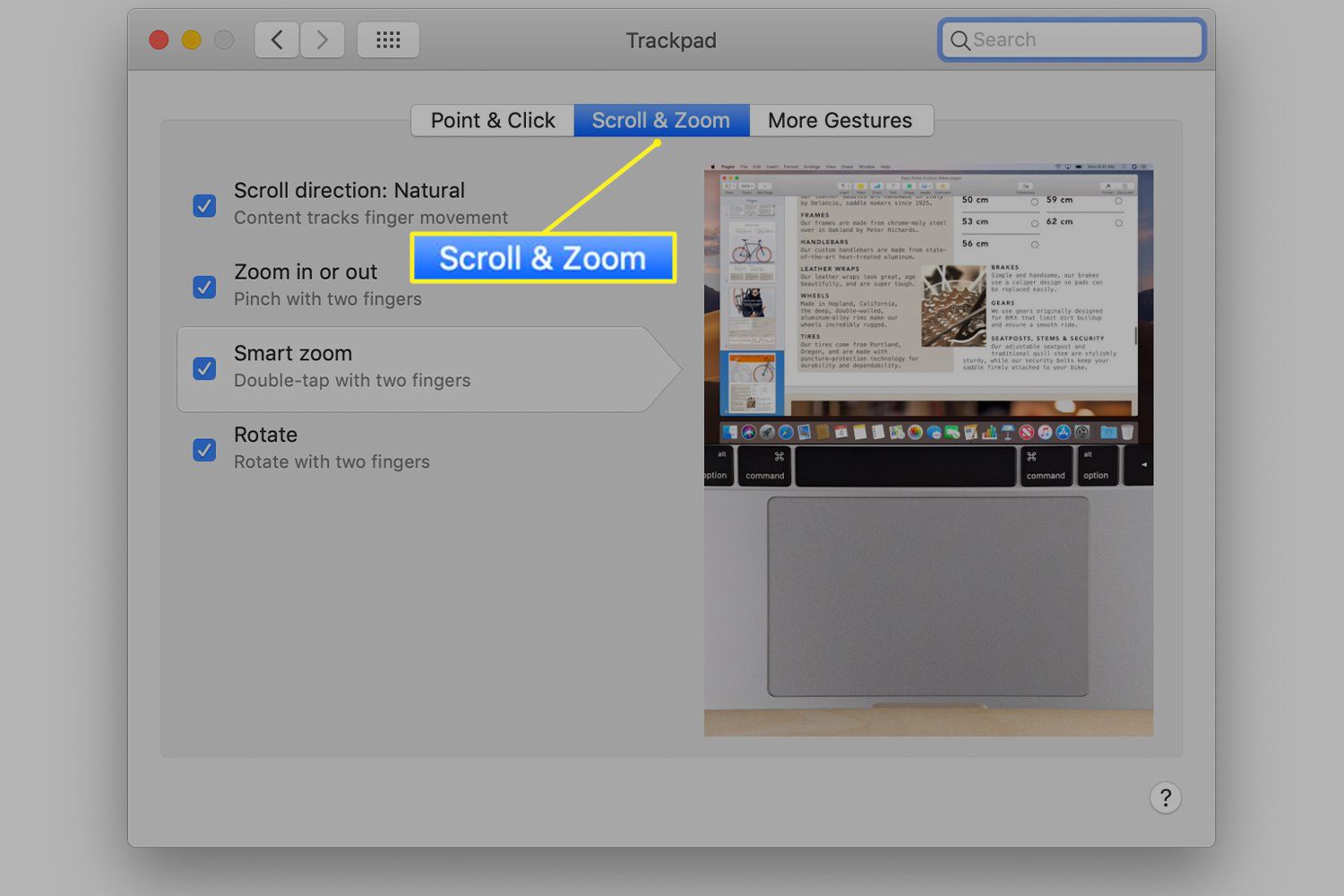 Trackpad-voorkeuren met tabblad Scroll & Zoom geselecteerd