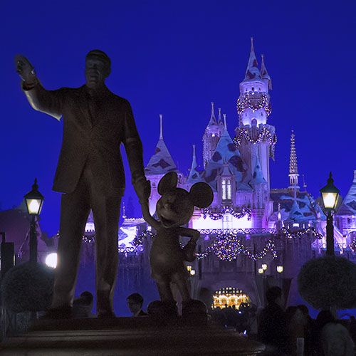 Assepoester's kasteel, vriendenstandbeeld in Disneyland bij nacht