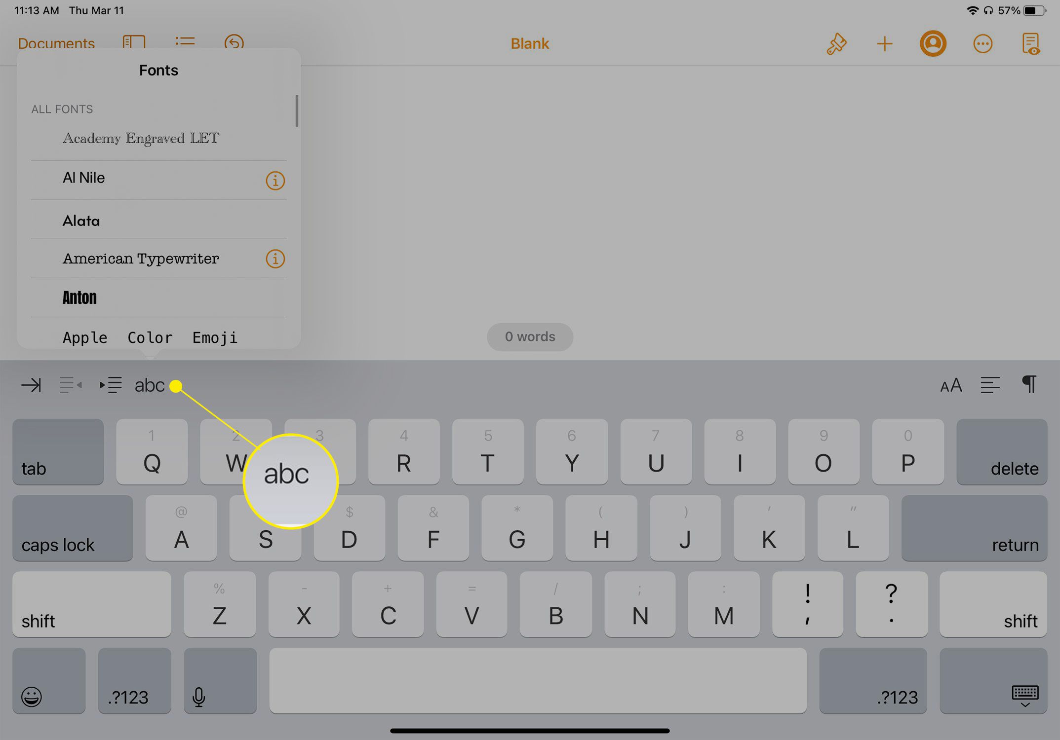 iPad-schrijf-app met de lettertypebesturingsknop gemarkeerd