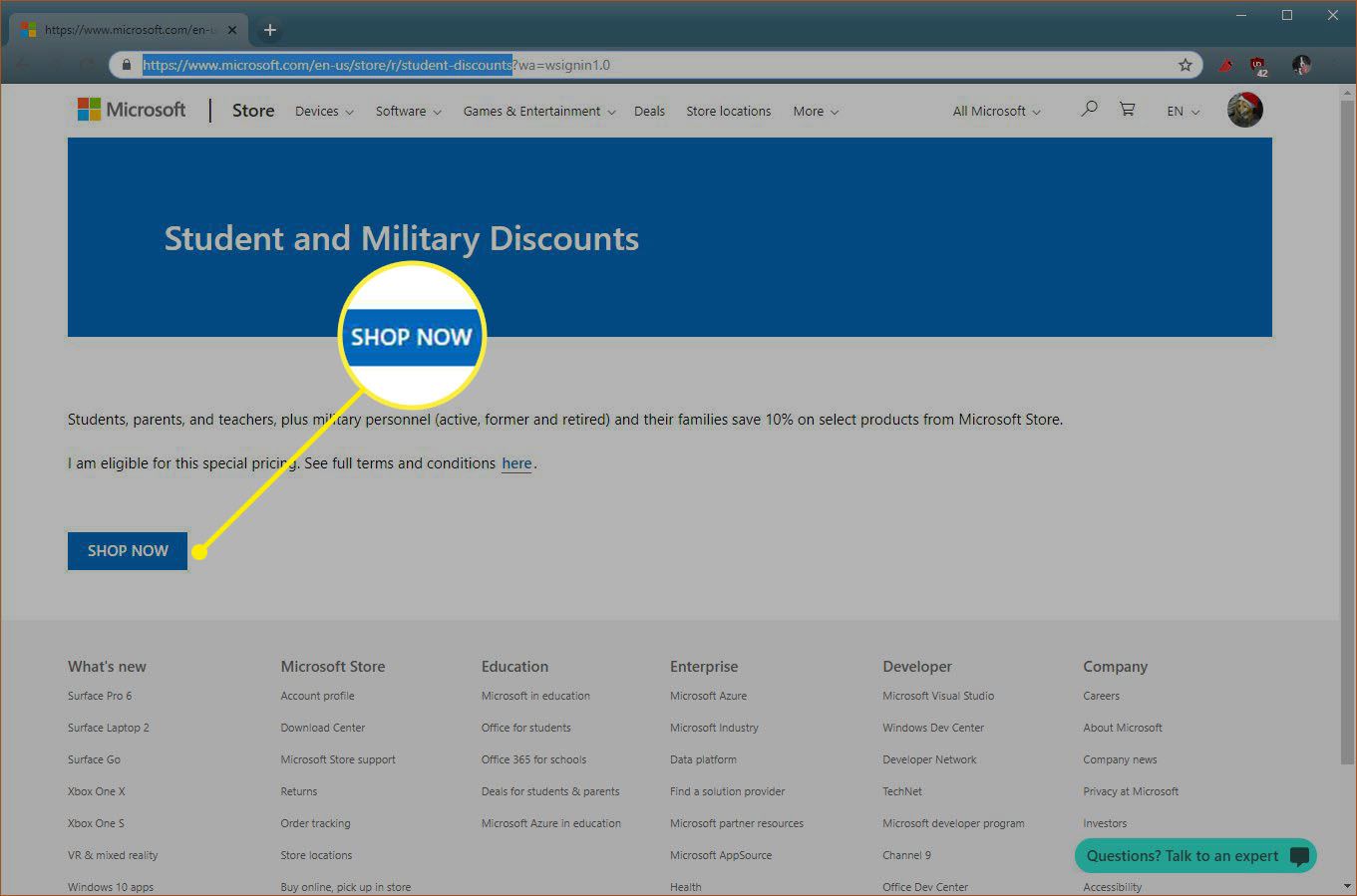 Een schermafbeelding van de website Microsoft Studentenkortingen en Militaire Kortingen.