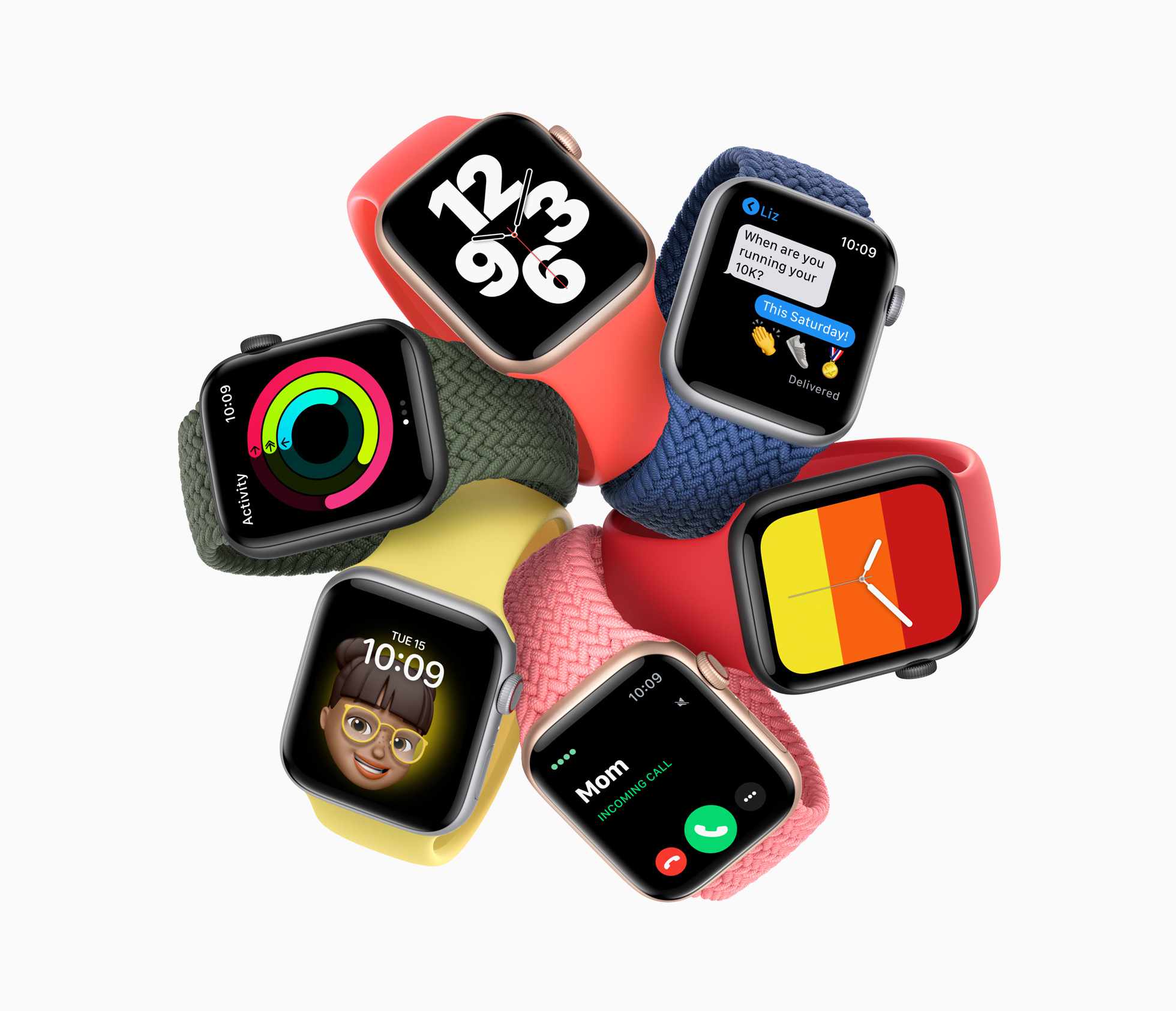 Apple Watch SE-modellen in verschillende kleuren.
