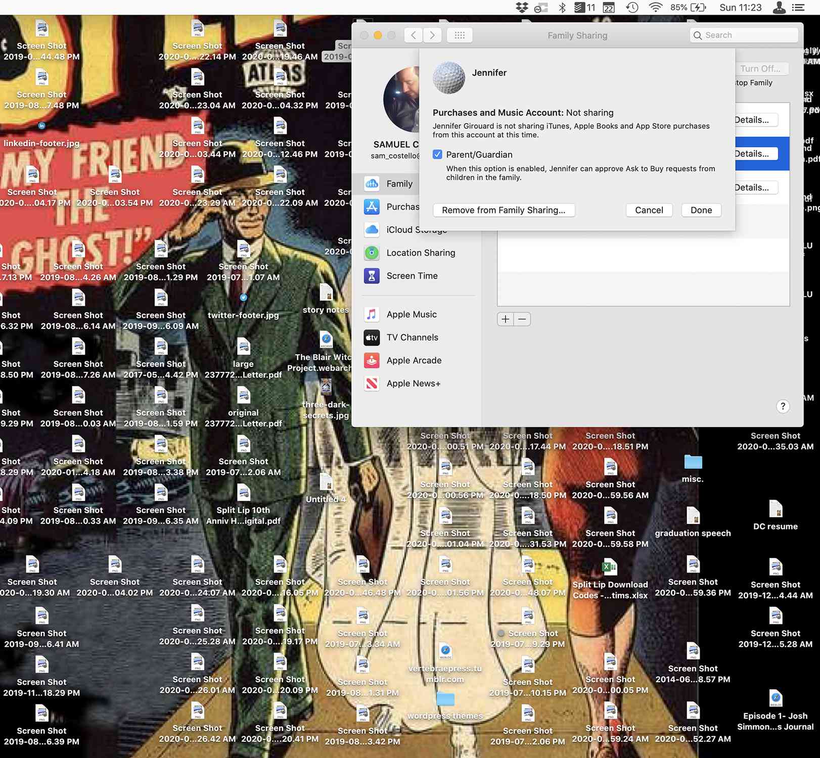 Schermafbeelding van de Mac-opties voor verwijderen uit Delen met gezin