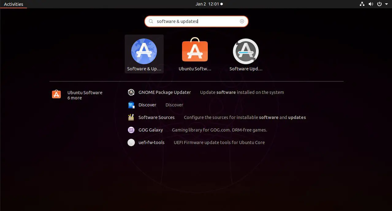 Ubuntu zoeken naar software en updates