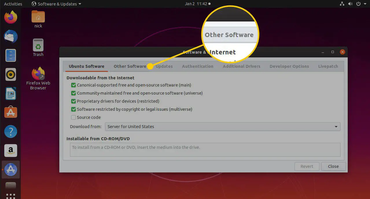 Tabblad Overige software in Software en updates in Ubuntu