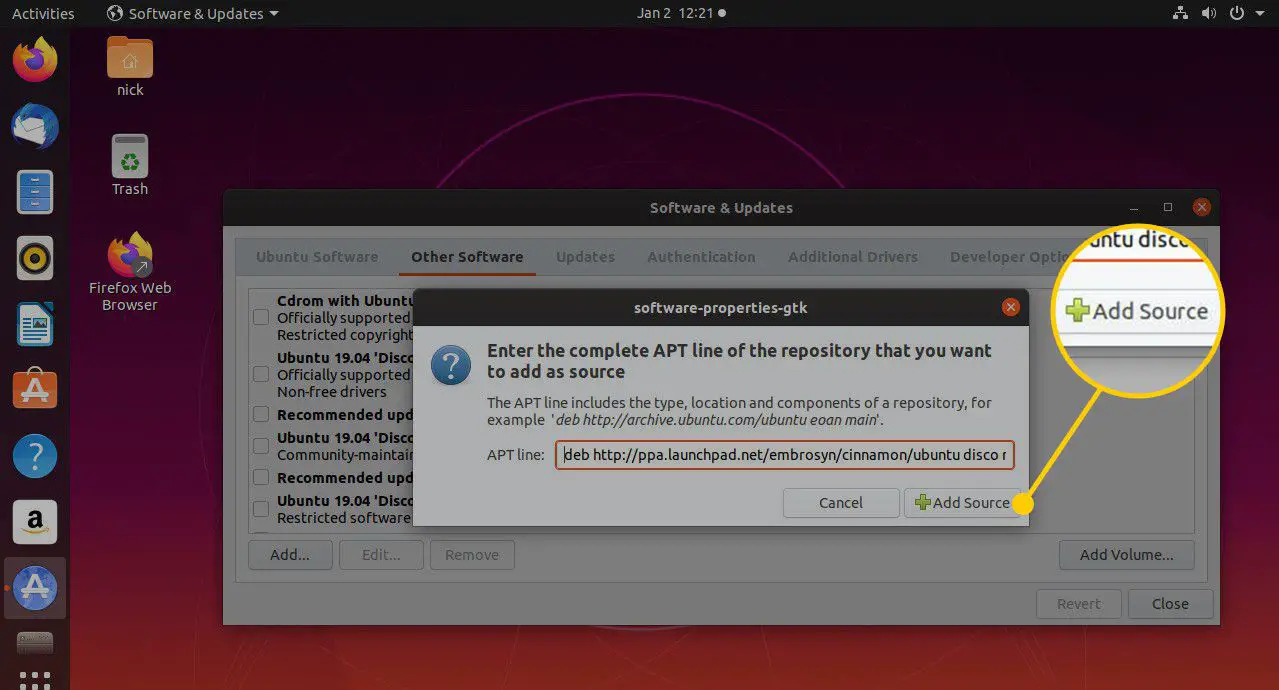 Bron toevoegen knop in Ubuntu