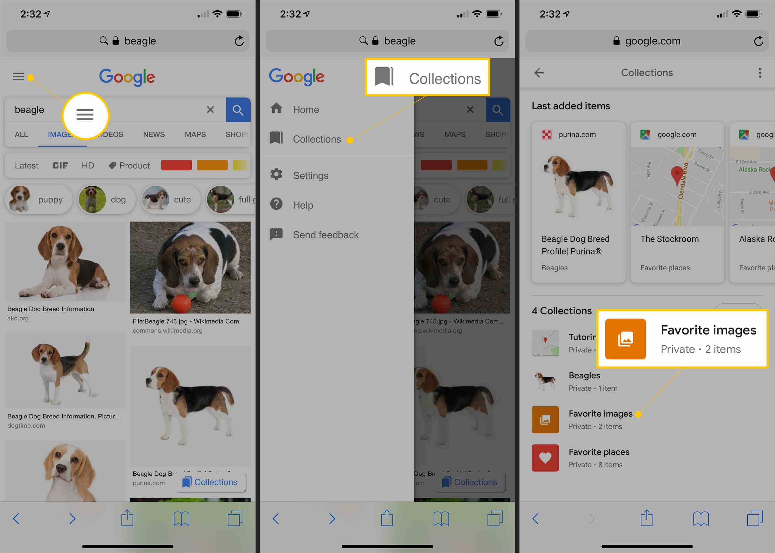 Menuknop, verzamelingen en verzameling favoriete afbeeldingen in Google Afbeeldingen op iOS