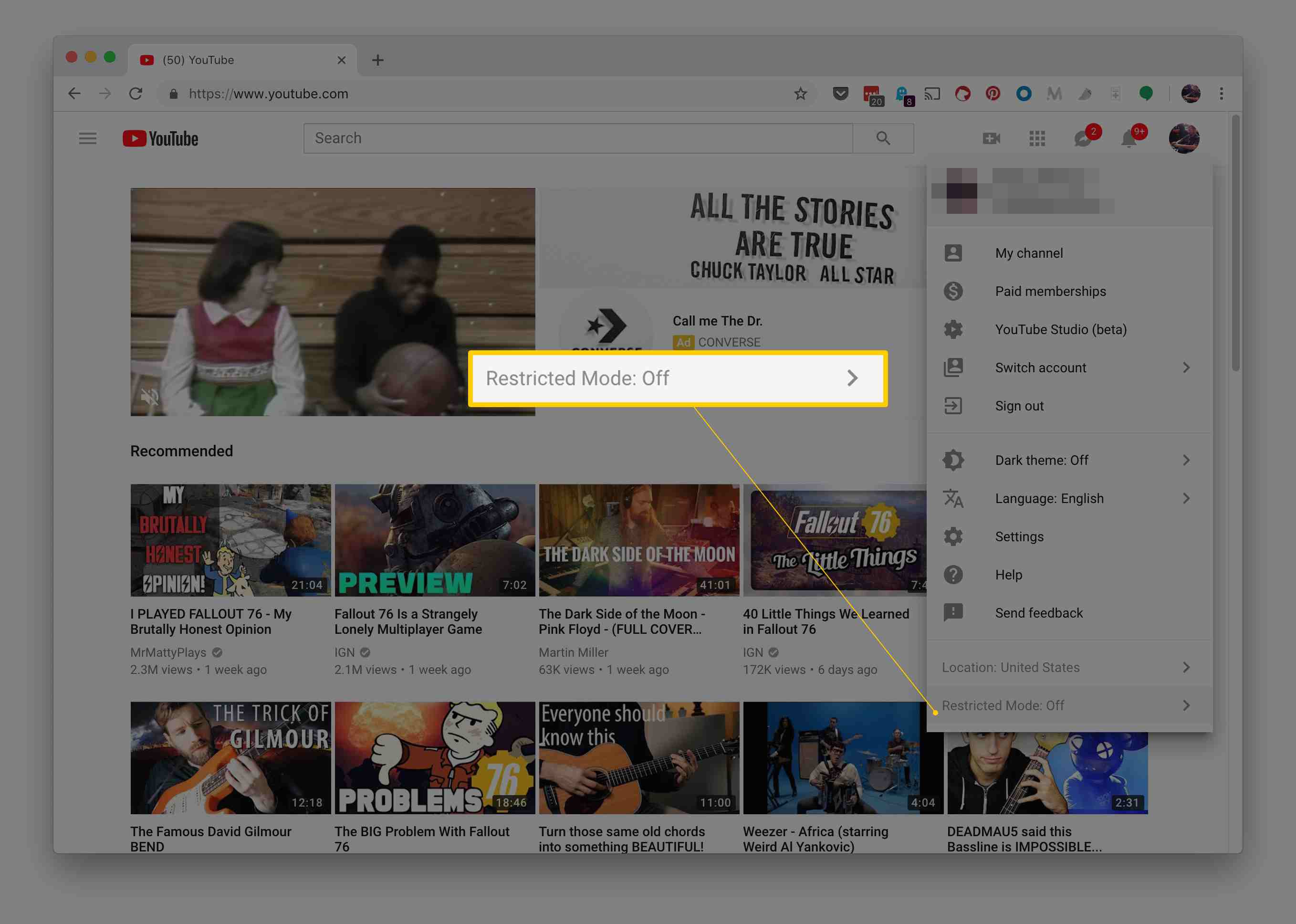 Screenshot van het YouTube-instellingenmenu, met de nadruk op het menu-item Beperkte modus
