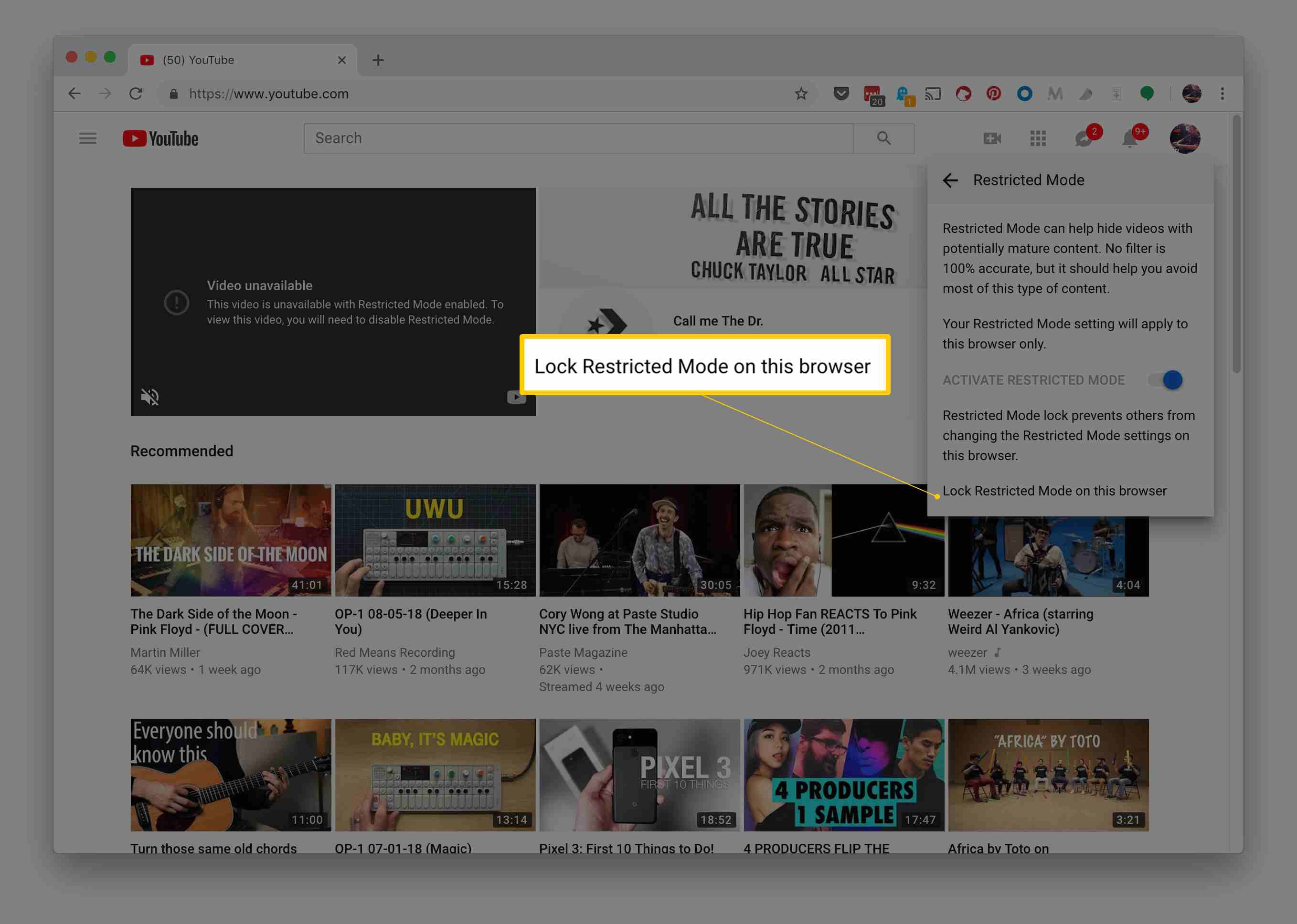 Vergrendel de beperkte modus op deze browserlink in het instellingenmenu van de beperkte modus van YouTube