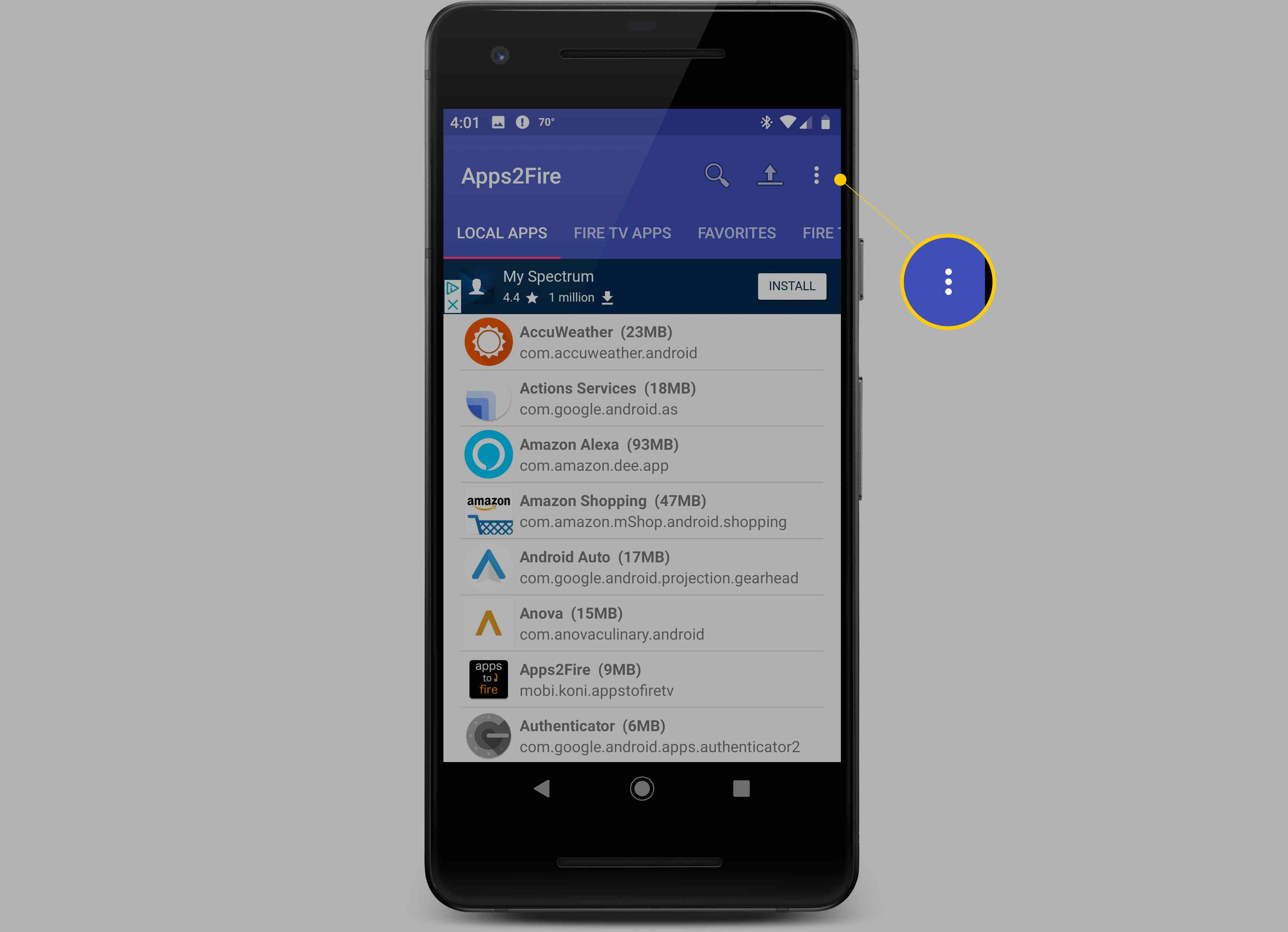 Menu met 3 horizontale stippen in de Apps2Fire-app op Android