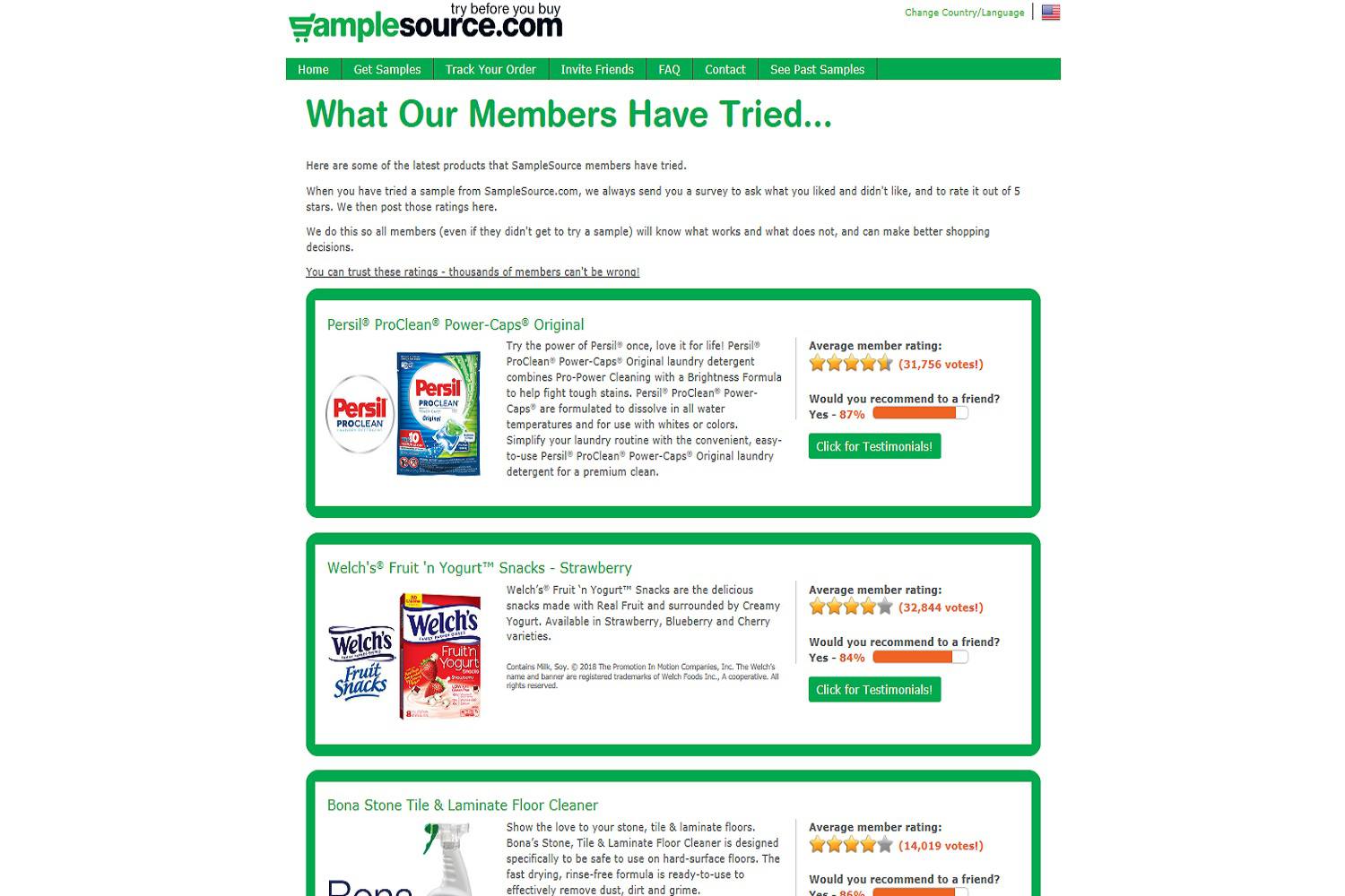 Een screenshot van de SampleSource.com-website met gratis monsters uit het verleden, inclusief gratis monsters van voedselproducten.