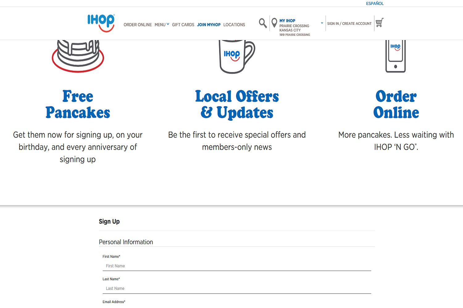 Een screenshot van de MyHop-aanmeldingswebpagina van IHOP.  Klanten die zich aanmelden voor MyHop kunnen gratis pannenkoeken krijgen door zich aan te melden.