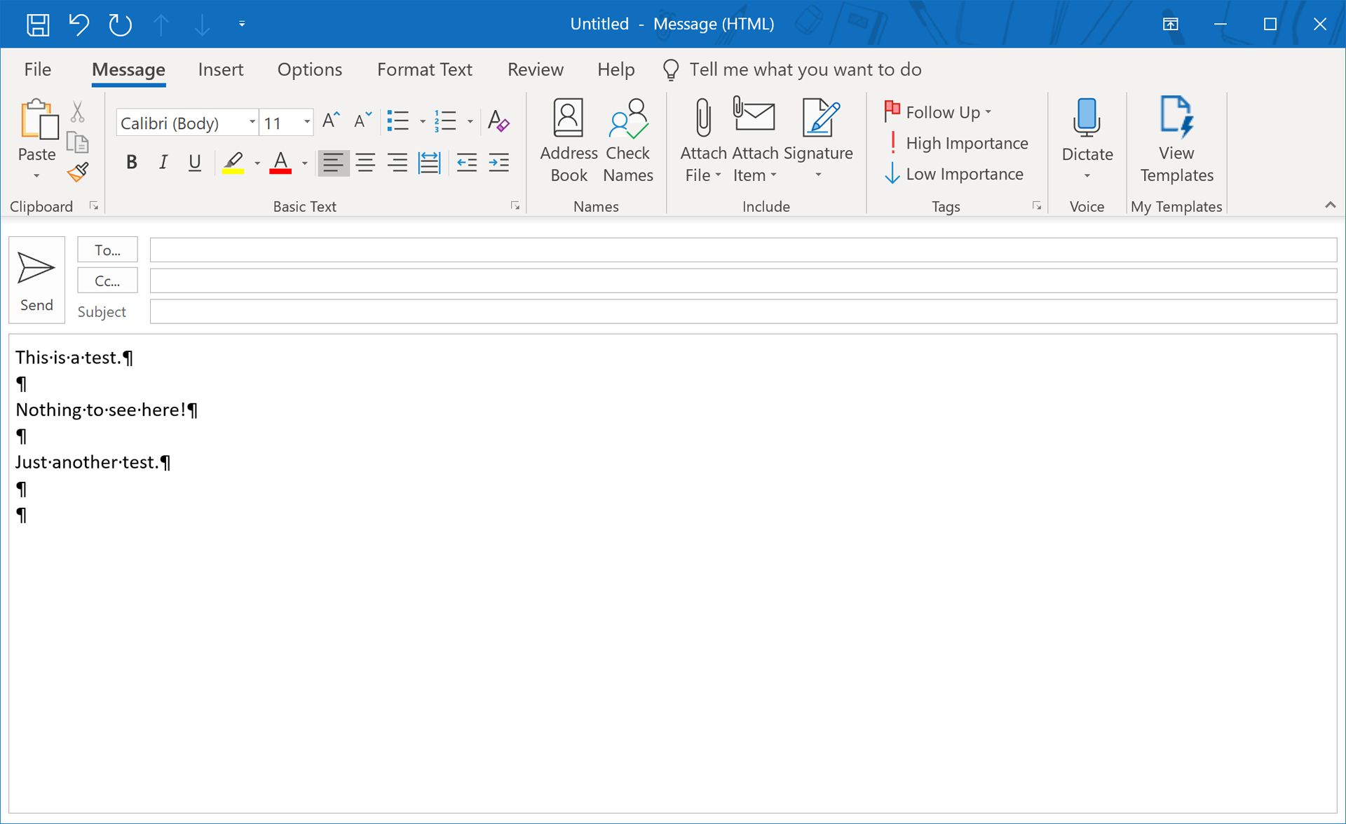 Alineasymbolen in een e-mail in Outlook op Windows 10.