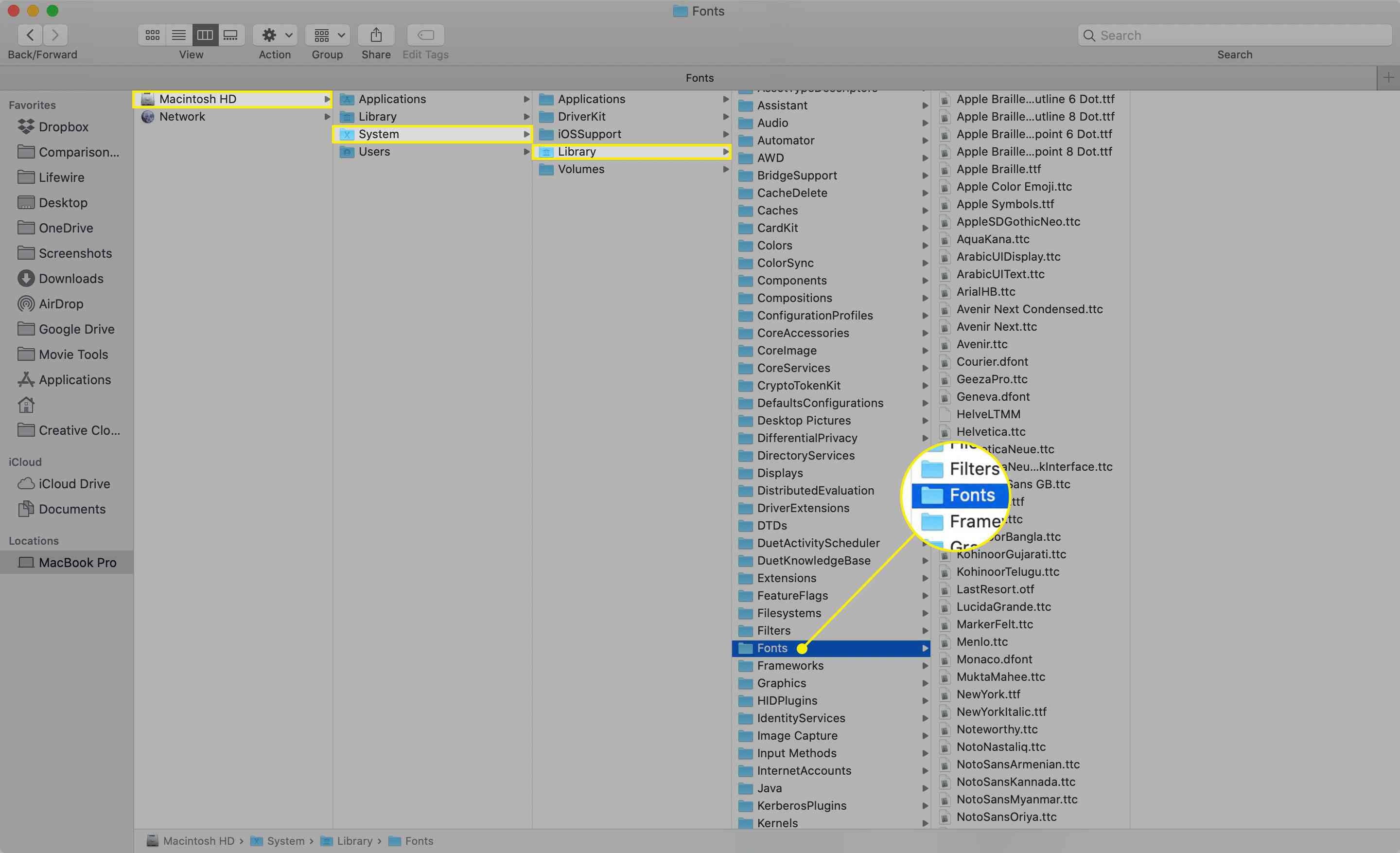 Het pad naar het lettertypebestand in macOS Finder