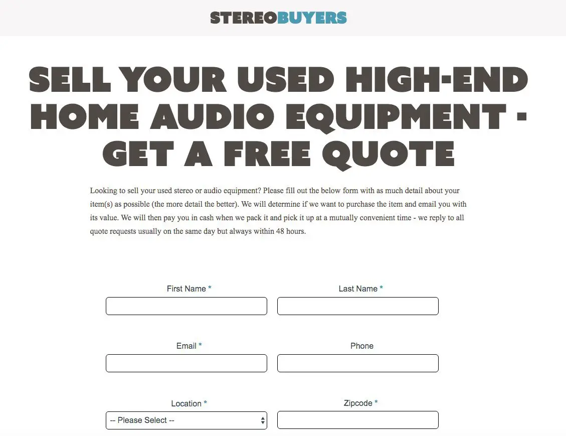Screenshot van StereoBuyers-website voor de verkoop van gebruikte stereoapparatuur