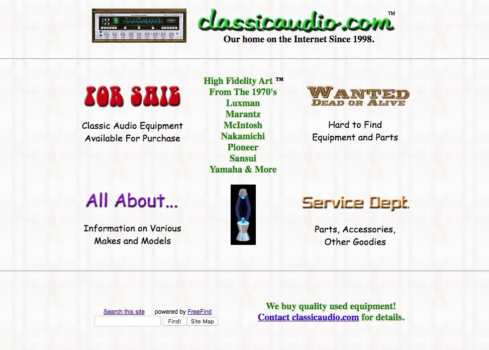 Screenshot van de website van Classic Audio die gebruikte stereoapparatuur verkoopt