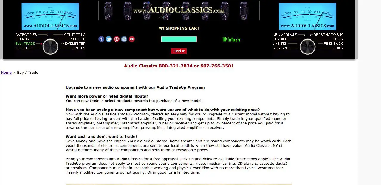 Screenshot van Audio Classics online site voor tweedehands stereo verkoop
