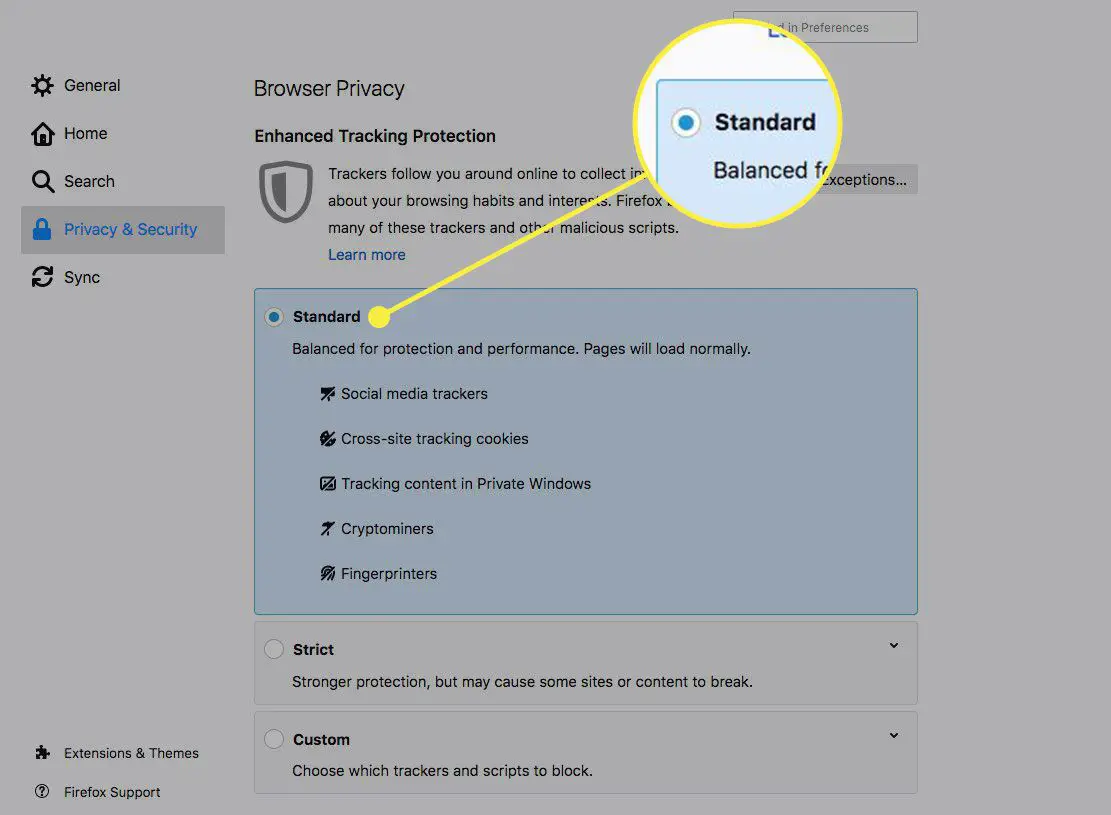 Een screenshot van Firefox Browser Privacy met de optie Standaard gemarkeerd