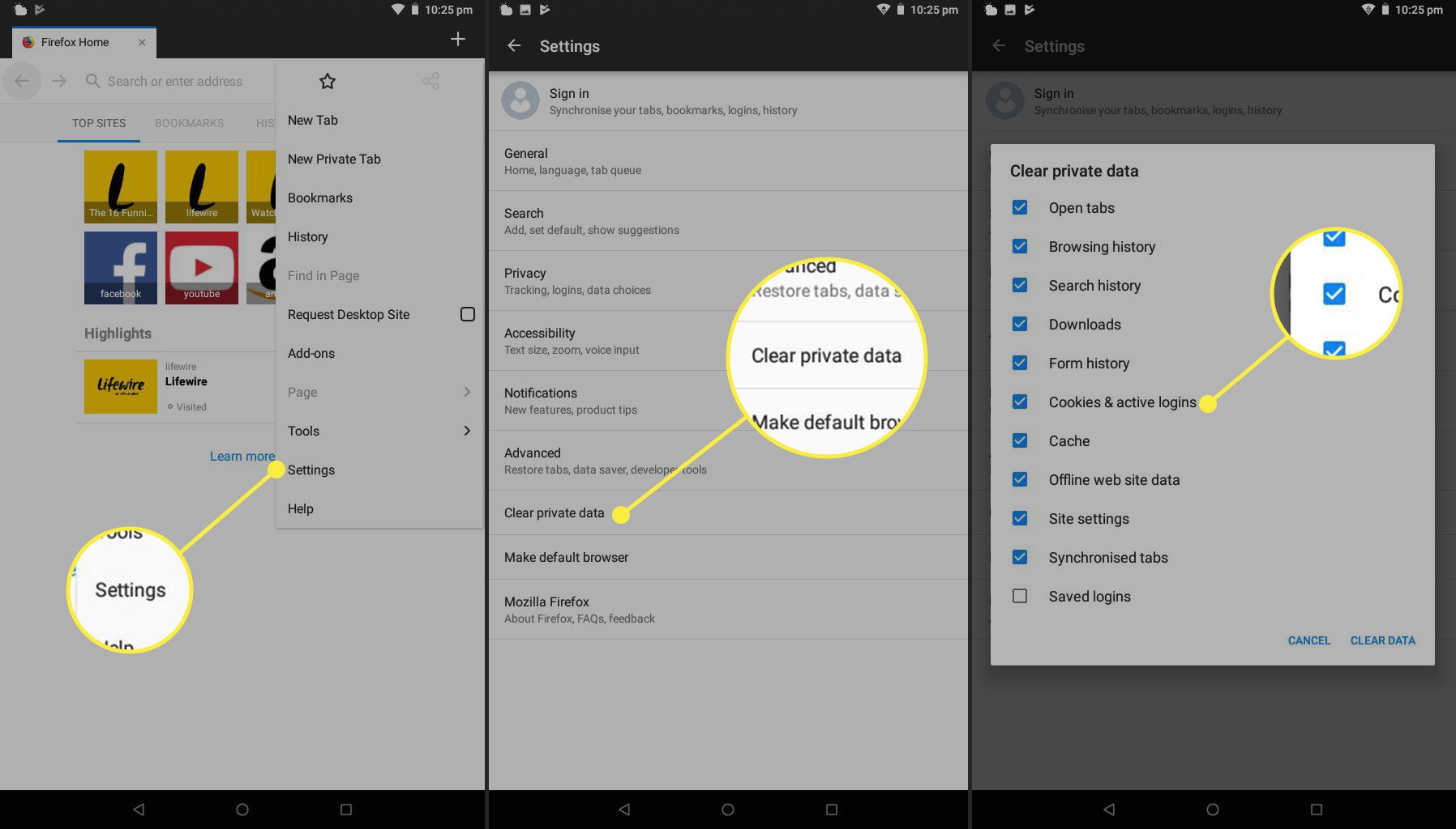 Schermafbeeldingen van de Android Firefox-app met Instellingen, Privégegevens wissen en een gemarkeerd selectievakje