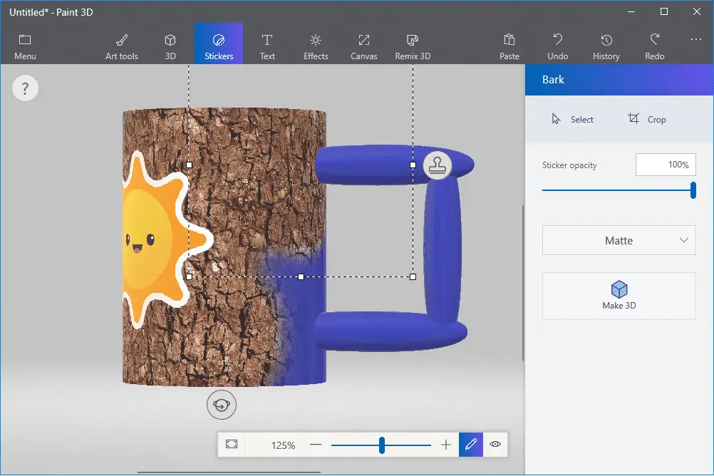 Schermafbeelding die laat zien hoe u textuurstickers aanbrengt met Paint 3D
