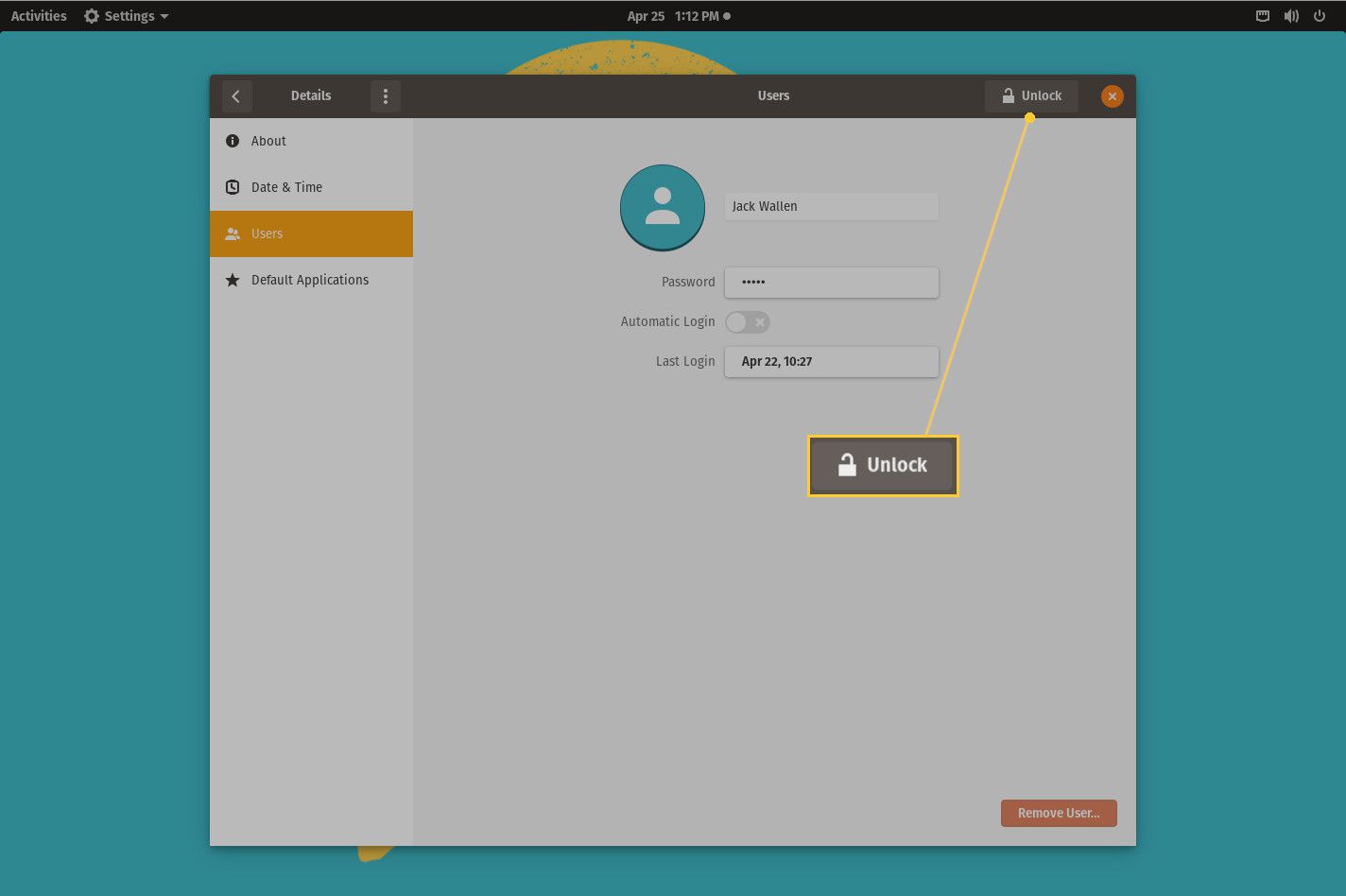 Screenshot van het ontgrendelen van de tool Gebruikersinstelling.