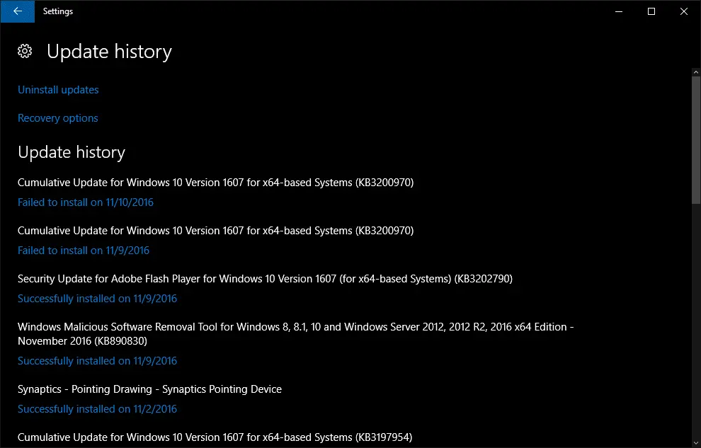 Updategeschiedenis van Windows 10