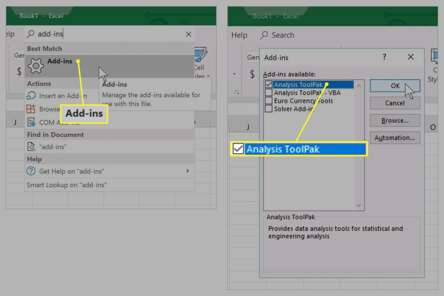 Add-ins geselecteerd met Analysis ToolPak gekozen