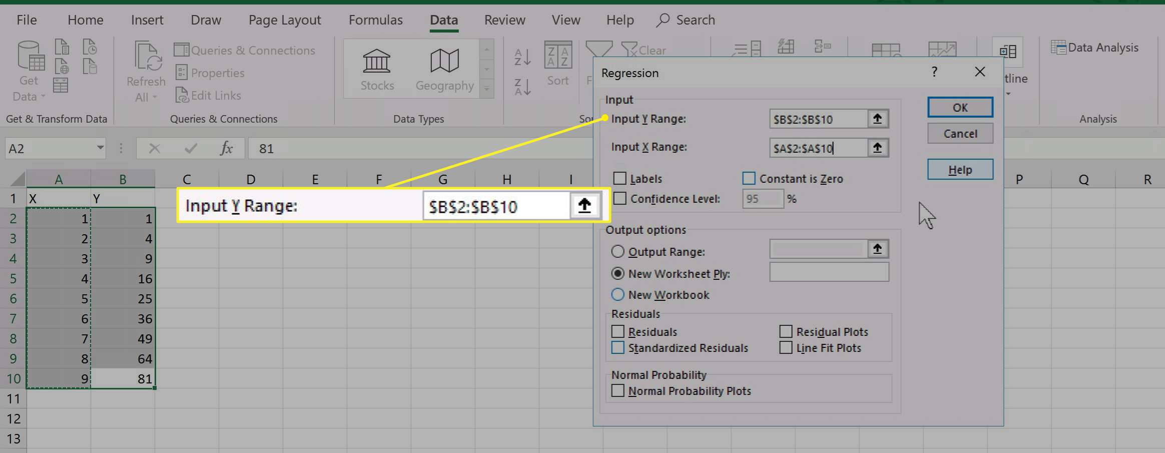 Excel-regressie-opties met invoer Y-bereik gemarkeerd