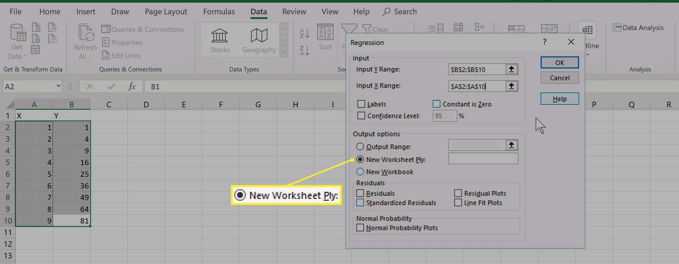 Opties voor Excel-regressie-uitvoer met nieuwe werkbladlaag geselecteerd