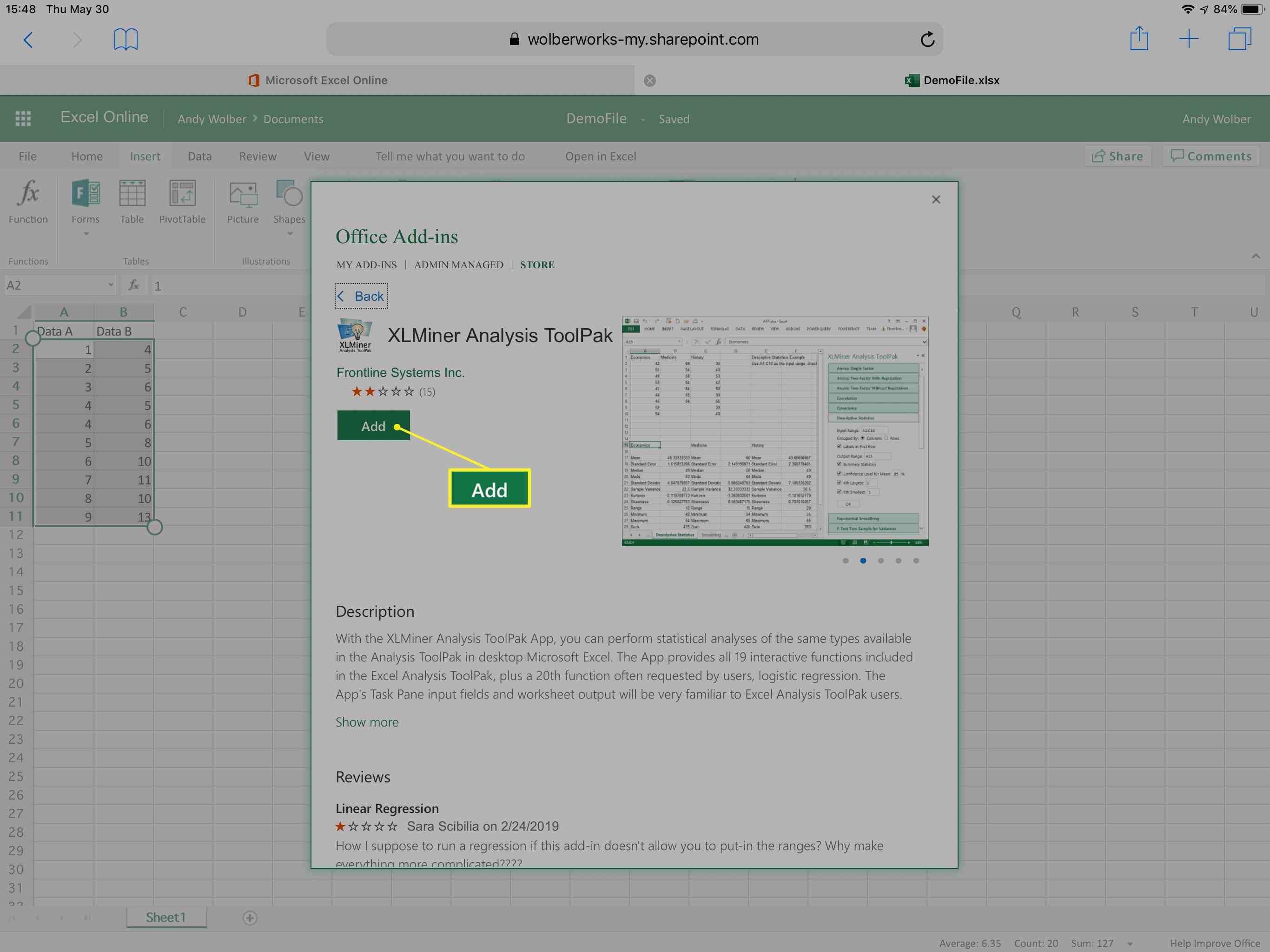 XLMiner Analysis ToolPak met de knop Toevoegen gemarkeerd