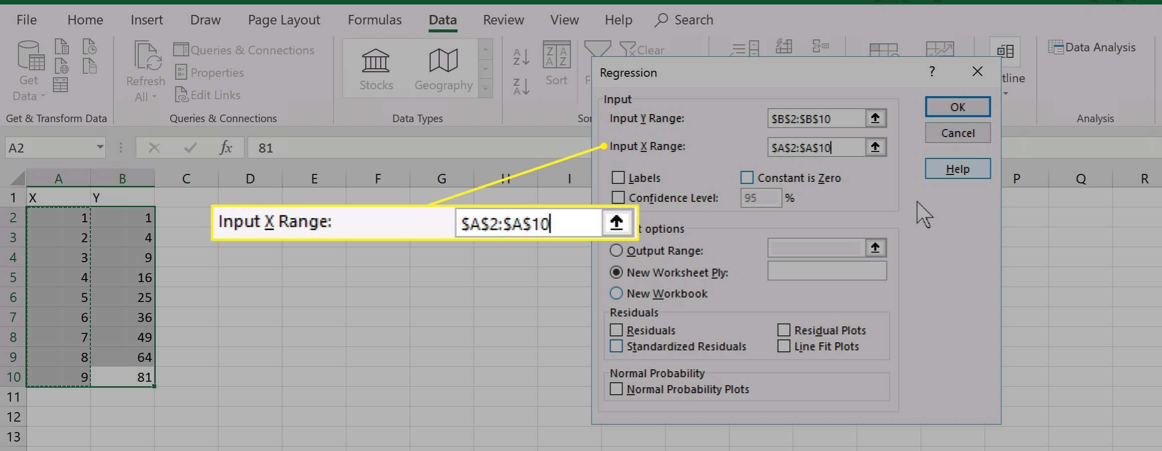 nput Ranges en andere regressieanalyse-opties met Input X Range gemarkeerd