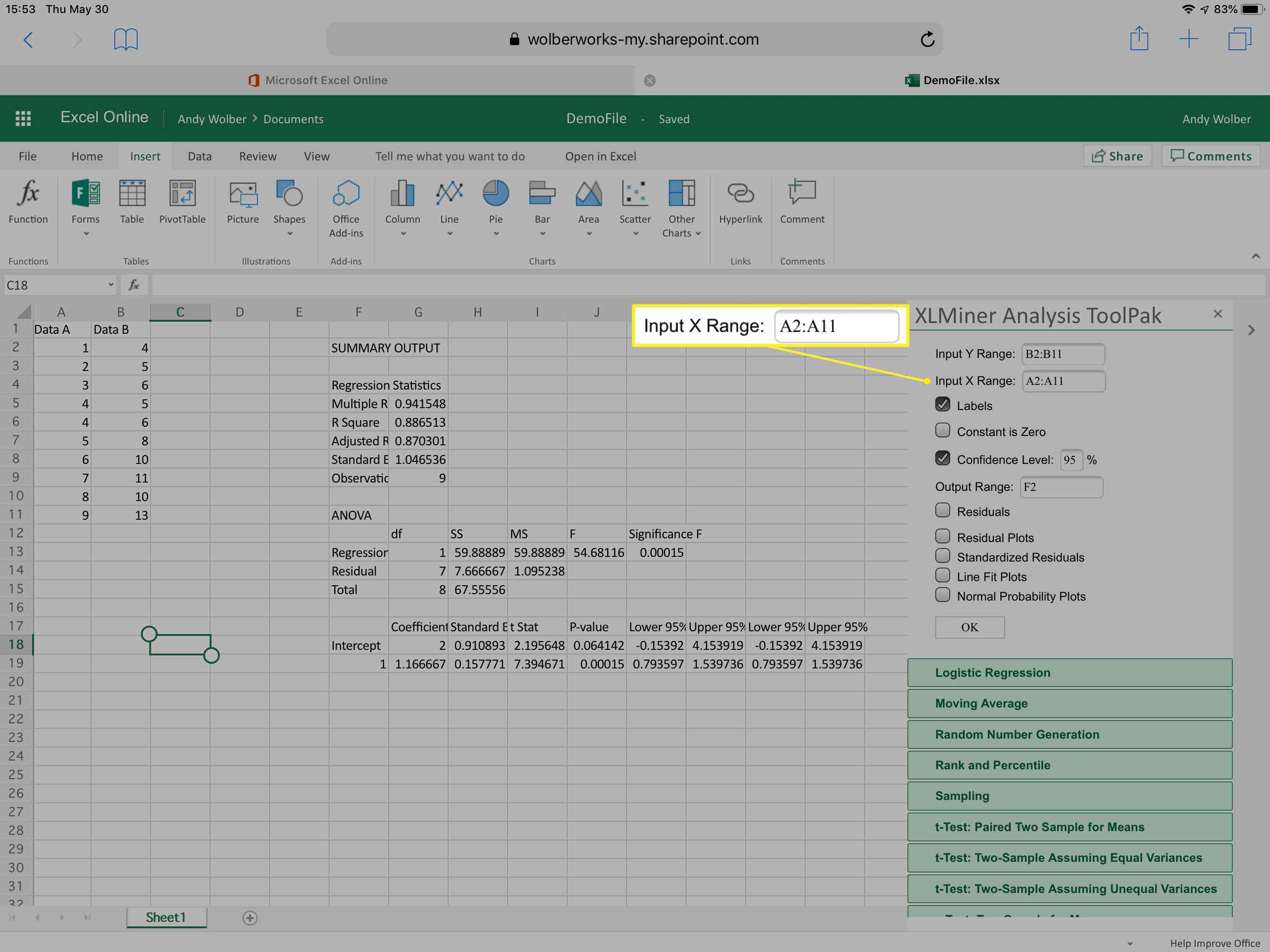 Lineaire regressievelden weergegeven in de XLMiner Analysis ToolPak met Input X Range gemarkeerd