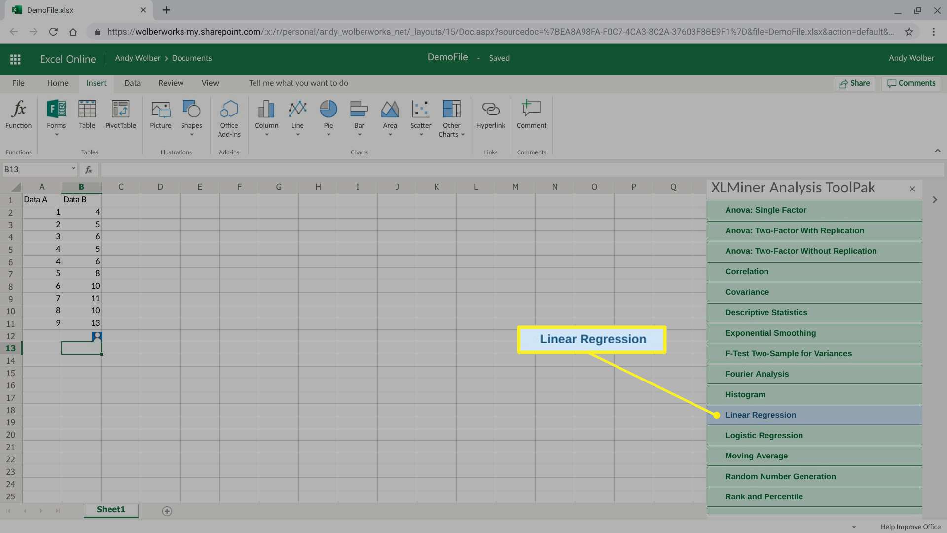 XLMiner Analysis ToolPak met lineaire regressie gekozen