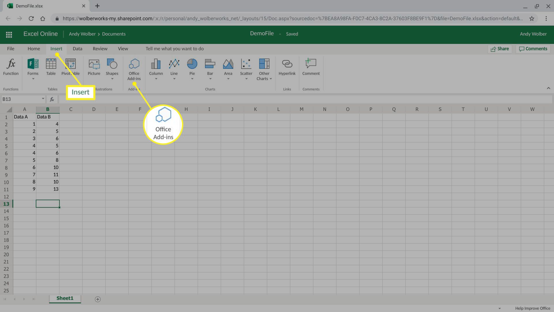 Toont Excel Online Invoegen-menu met Office-invoegtoepassingen gemarkeerd