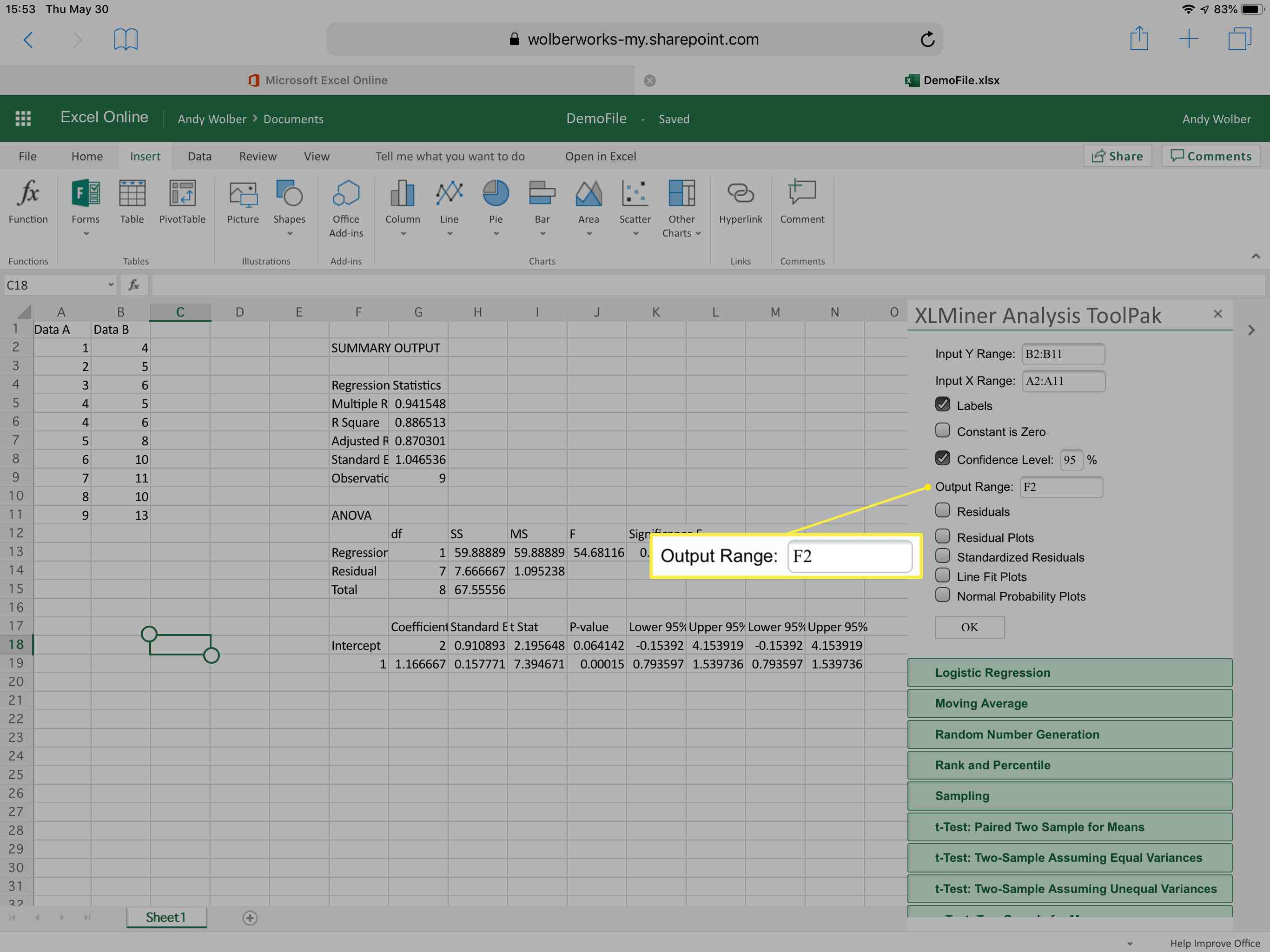 Uitvoerbereik in XLMiner Analysis Toolpak