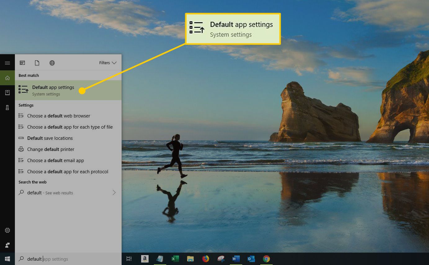 Windows 10 zoekvenster met de optie Standaard app-instellingen gemarkeerd