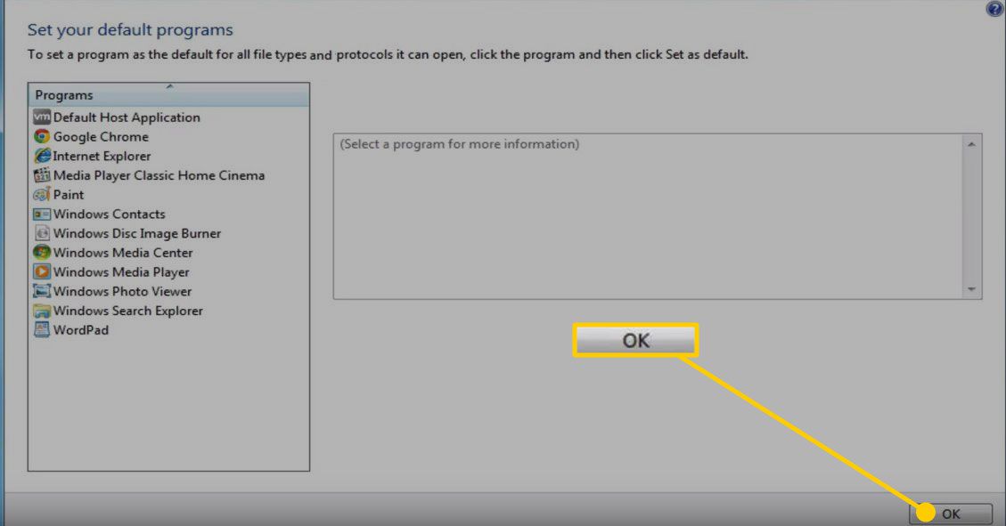 Stel het venster Uw standaardprogramma's in Windows 7 in met de OK-knop gemarkeerd